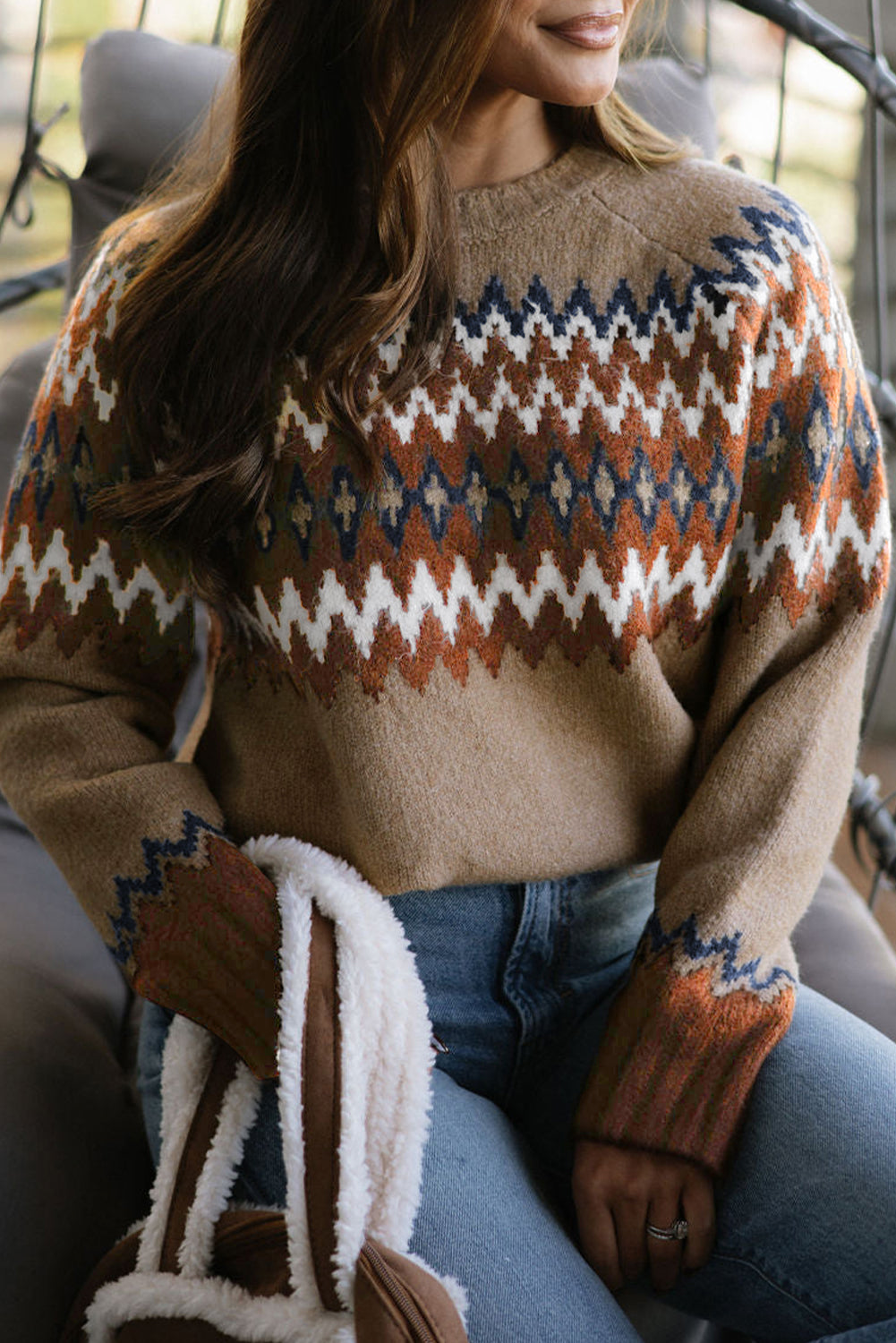 Khaki Aztec Print Colorblock Crew Neck Sweater-TOPS / DRESSES-[Adult]-[Female]-Khaki-S-2022 Online Blue Zone Planet