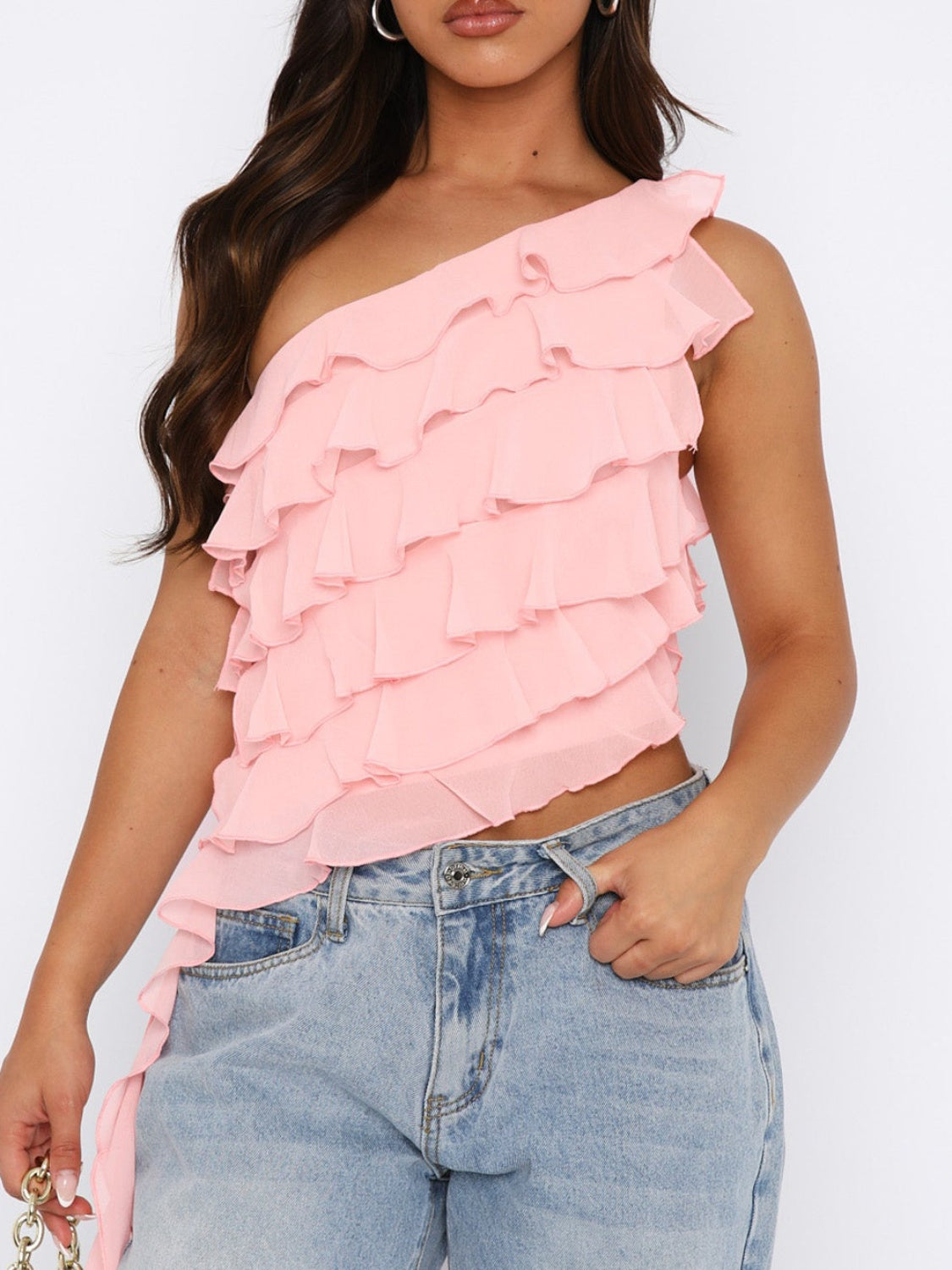 Blue Zone Planet | Layered Ruffled One Shoulder Tank-TOPS / DRESSES-[Adult]-[Female]-Watermelon pink-S-2022 Online Blue Zone Planet