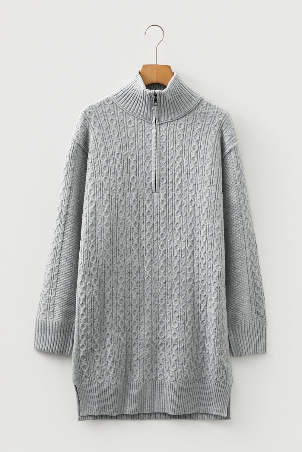 High Cable Knit Quarter Zip Ribbed Trim Loose Sweater Dress-TOPS / DRESSES-[Adult]-[Female]-2022 Online Blue Zone Planet