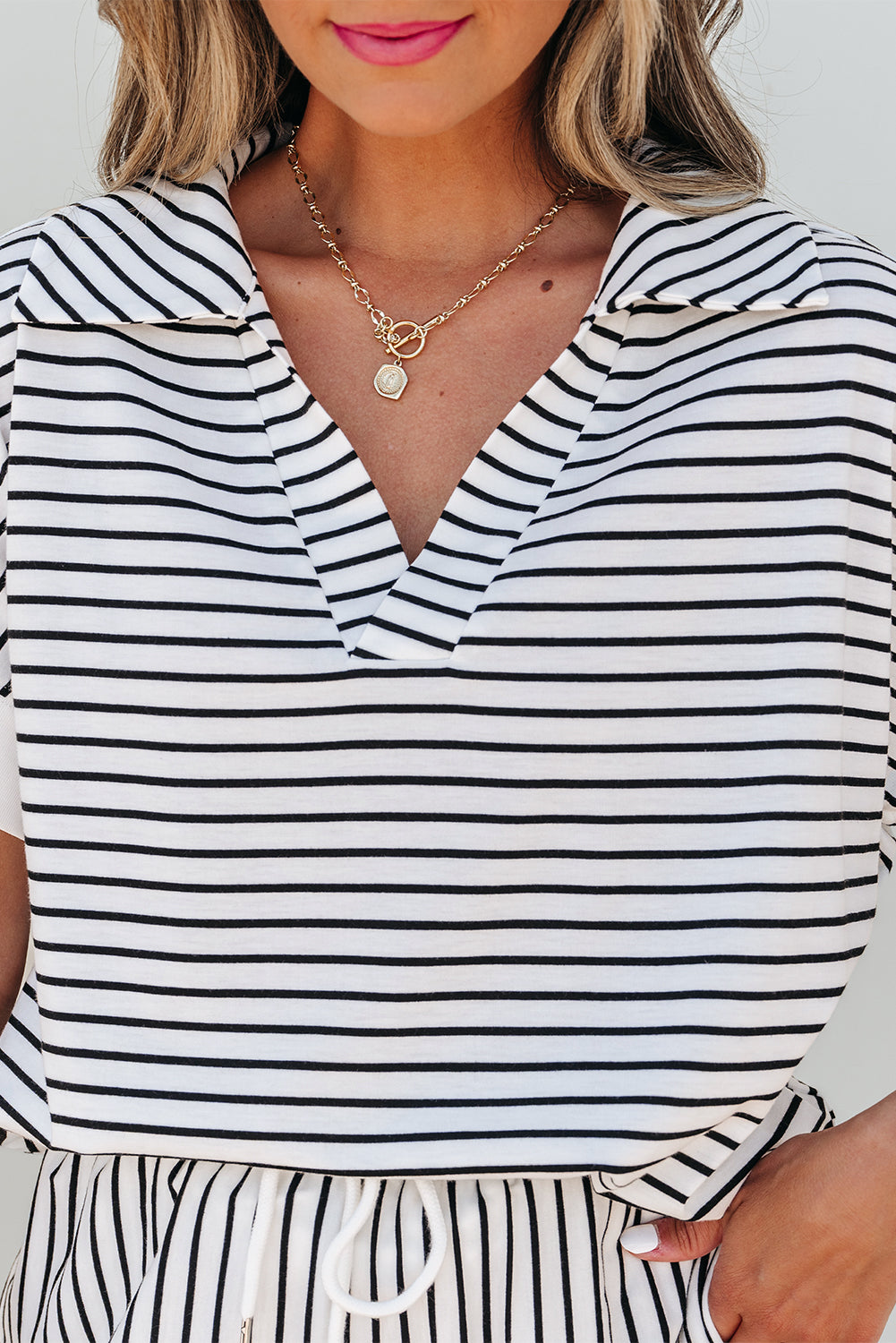 Black Stripe V Neck Tee and Casual Short Set-Two Piece Sets/Short Sets-[Adult]-[Female]-2022 Online Blue Zone Planet