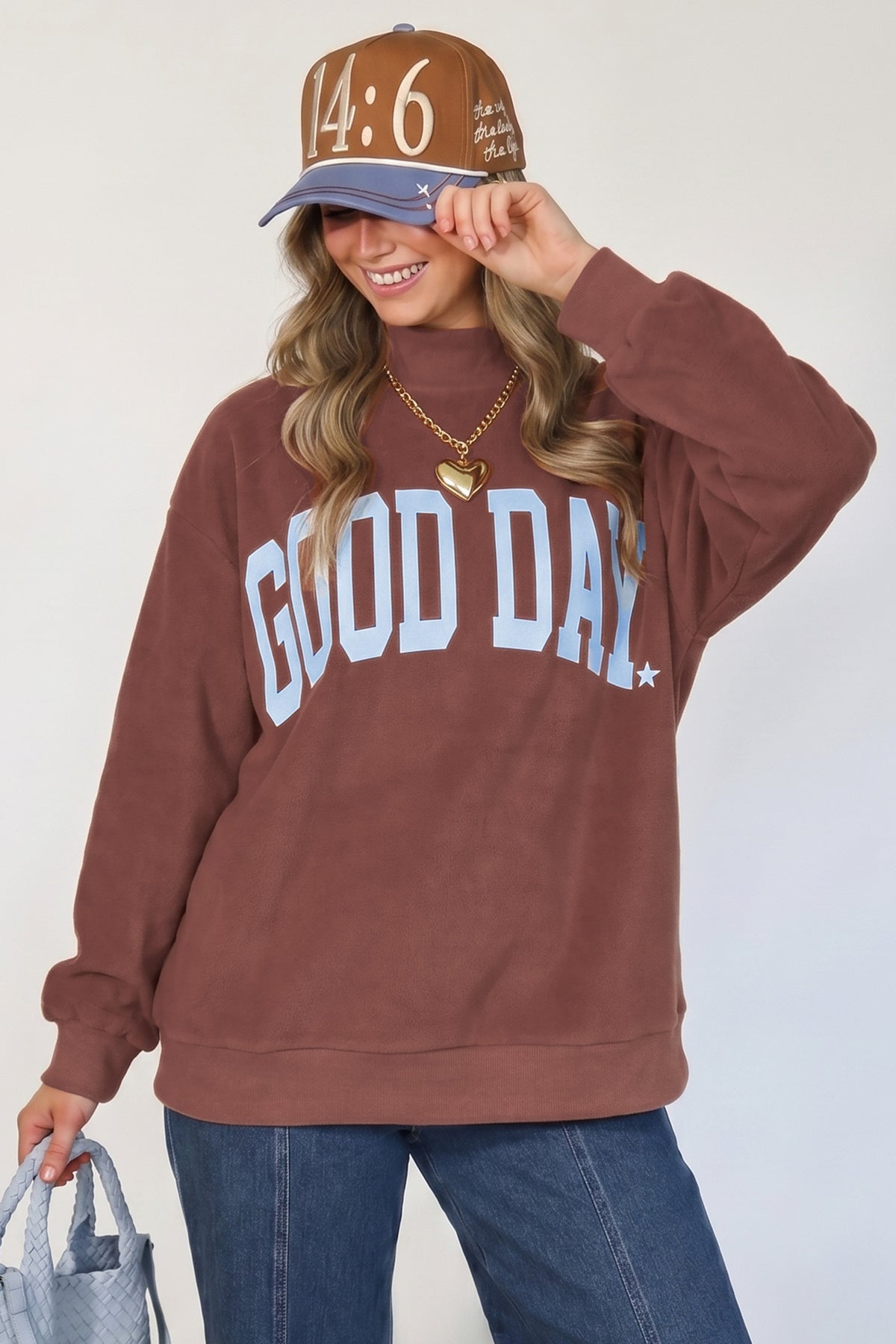 Clay Polka Dot/GOOD DAY Print Reversible Mock Neck Pullover Sweatshirt-Tops/Sweatshirts & Hoodies-[Adult]-[Female]-2022 Online Blue Zone Planet