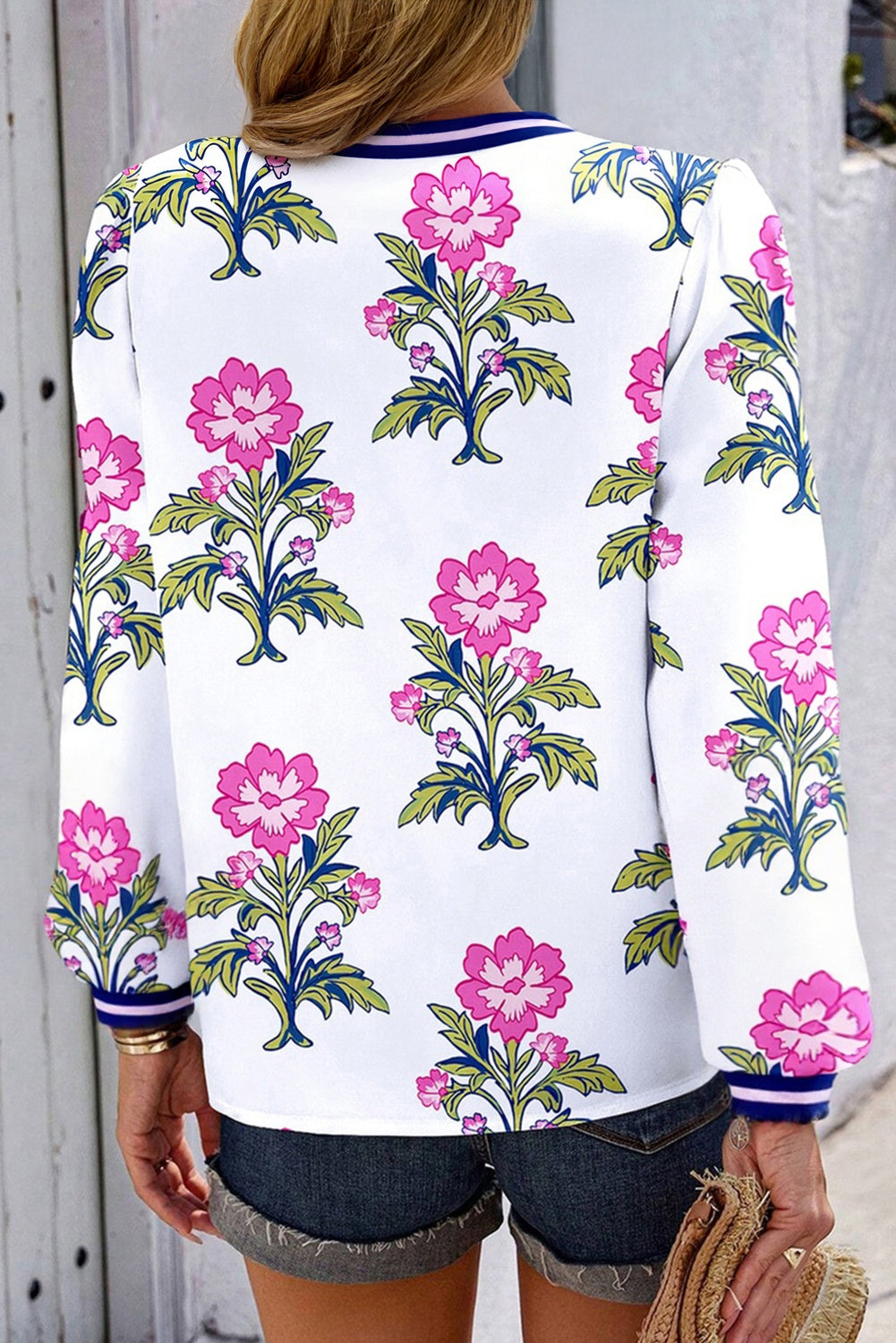 White Floral Print Striped V Neck Blouse-Tops/Blouses & Shirts-[Adult]-[Female]-2022 Online Blue Zone Planet
