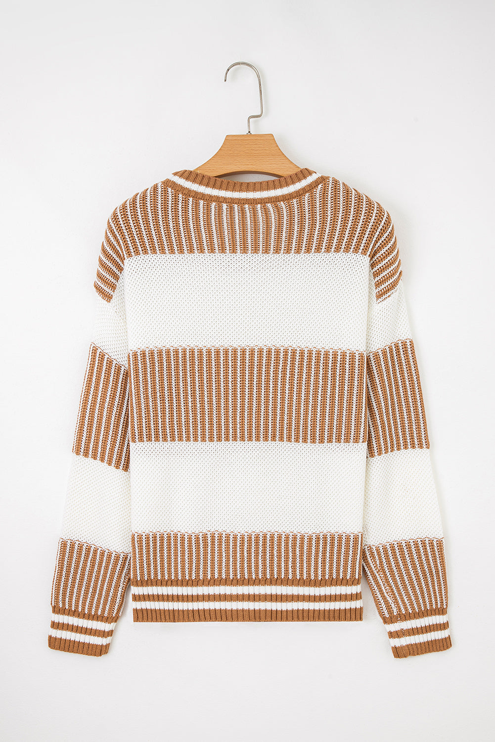 Khaki Two Tone Striped Patchwork Drop Shoulder Loose Sweater-Sweaters & Cardigans/Sweaters-[Adult]-[Female]-2022 Online Blue Zone Planet