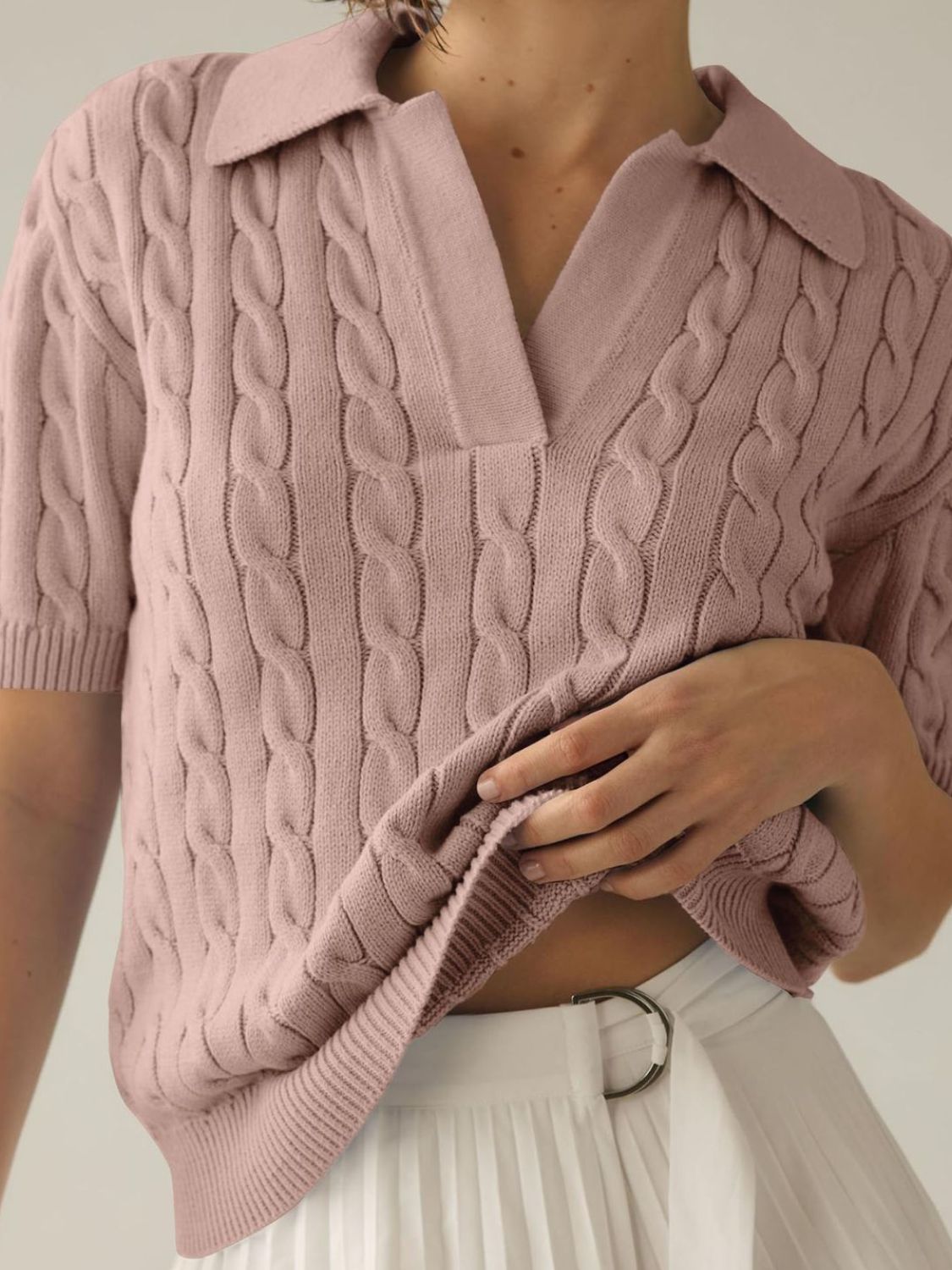 Cable-Knit Collared Neck Half Sleeve Sweater-TOPS / DRESSES-[Adult]-[Female]-Dusty Pink-S-2022 Online Blue Zone Planet