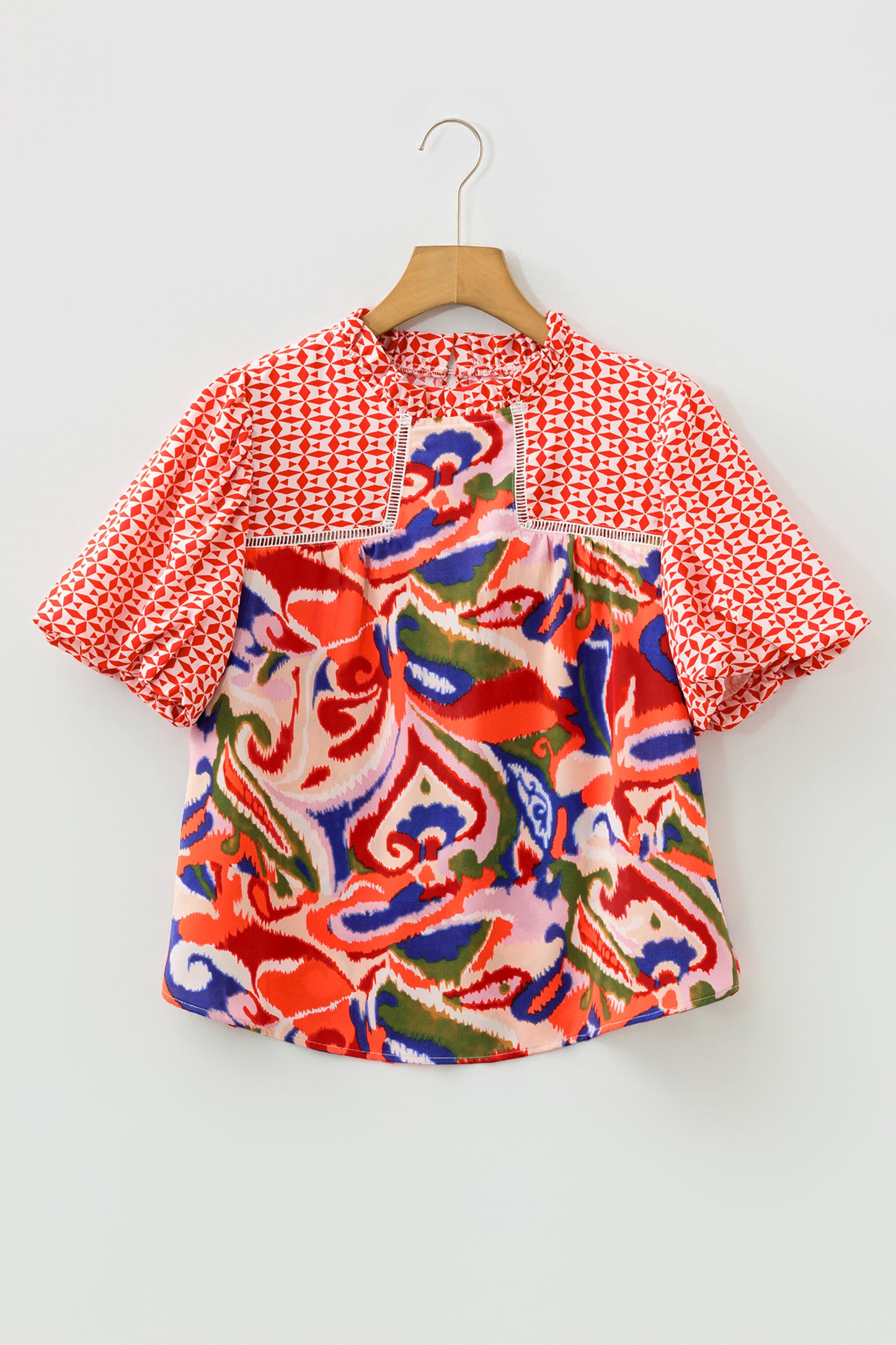 Red Paisley Geometric Mixed Print Patchwork Puff Sleeve Blouse Top-Tops/Blouses & Shirts-[Adult]-[Female]-2022 Online Blue Zone Planet