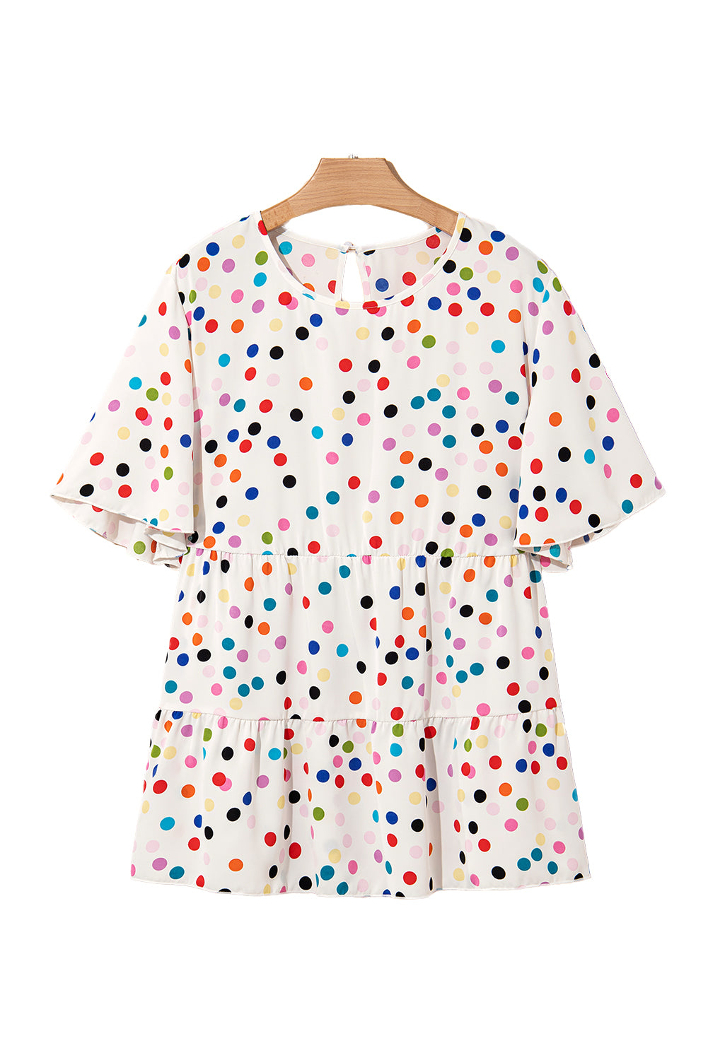 Beige Colorful Polka Dot Print Short Sleeve Ruffled Plus Size Babydoll Blouse-Plus Size/Plus Size Tops/Plus Size Blouses & Shirts-[Adult]-[Female]-2022 Online Blue Zone Planet