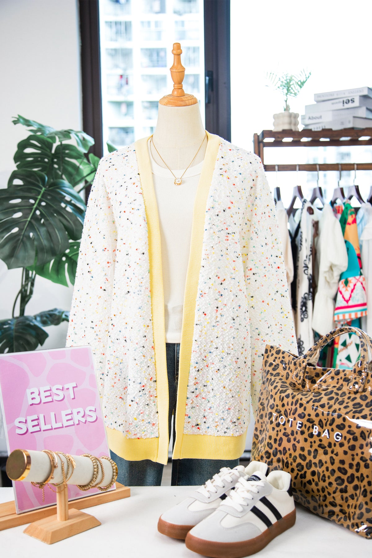 White Abstract Confetti Pattern Color Block Ribbed Cuffs Casual Cardigan-Sweaters & Cardigans/Cardigans-[Adult]-[Female]-2022 Online Blue Zone Planet