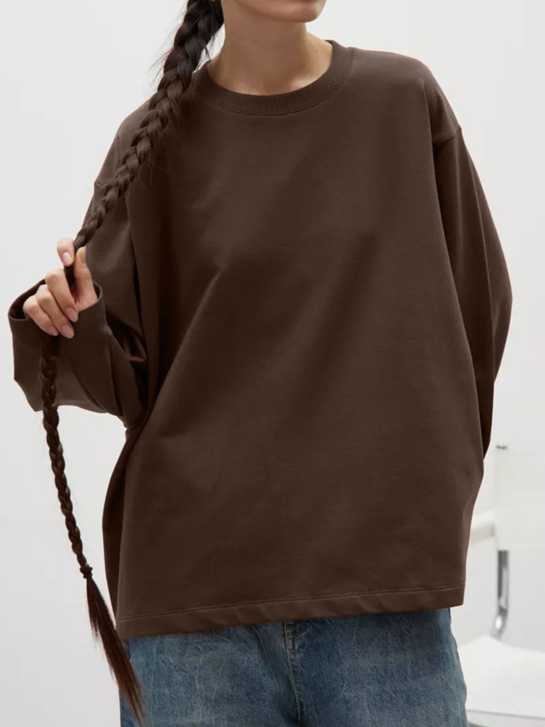 Round Neck Dropped Shoulder Long Sleeve T-Shirt-TOPS / DRESSES-[Adult]-[Female]-Dark Brown-S-2022 Online Blue Zone Planet