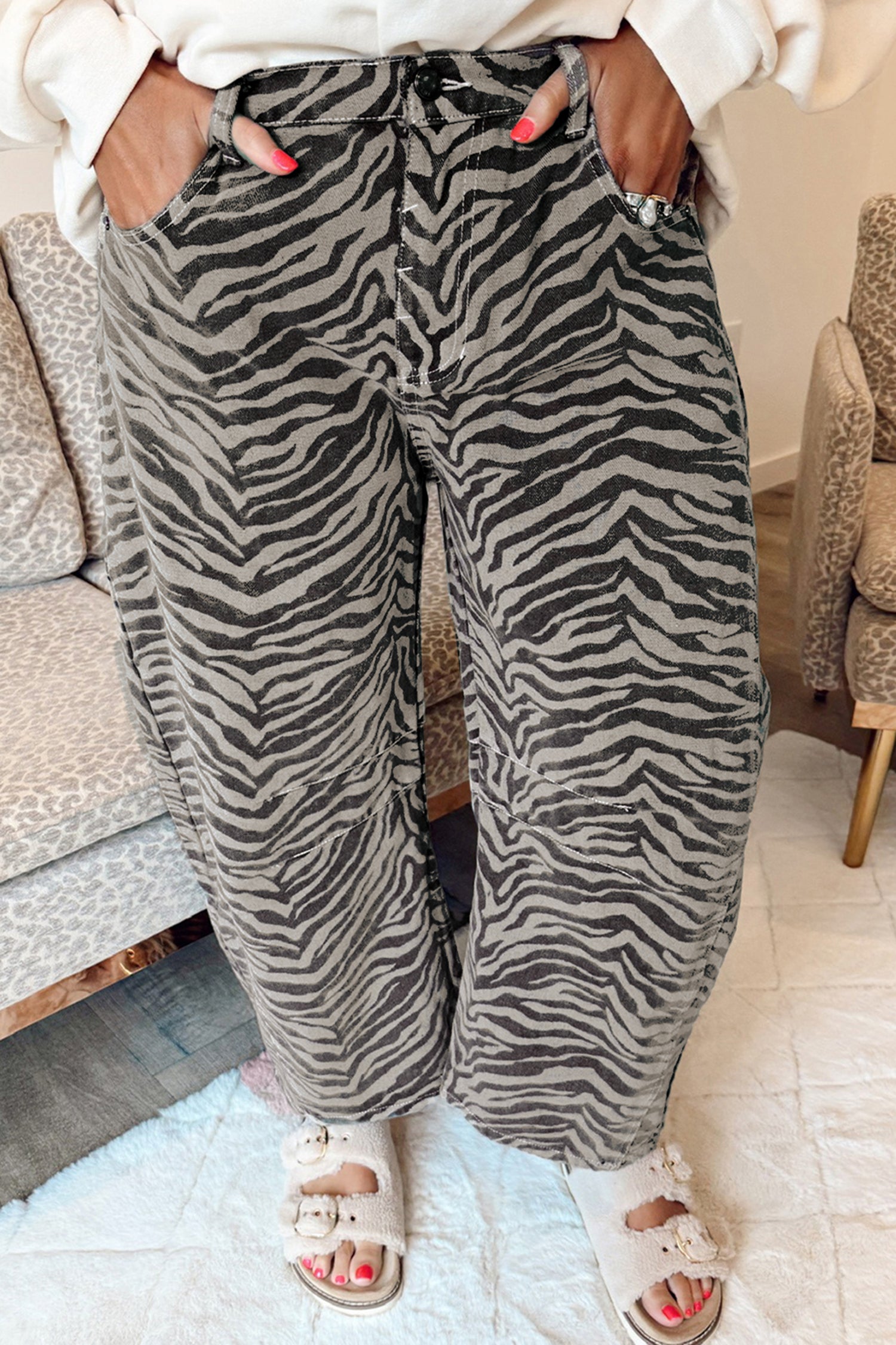 Gray Zebra Stripe Printed Wide Leg Jeans-Bottoms/Jeans-[Adult]-[Female]-2022 Online Blue Zone Planet