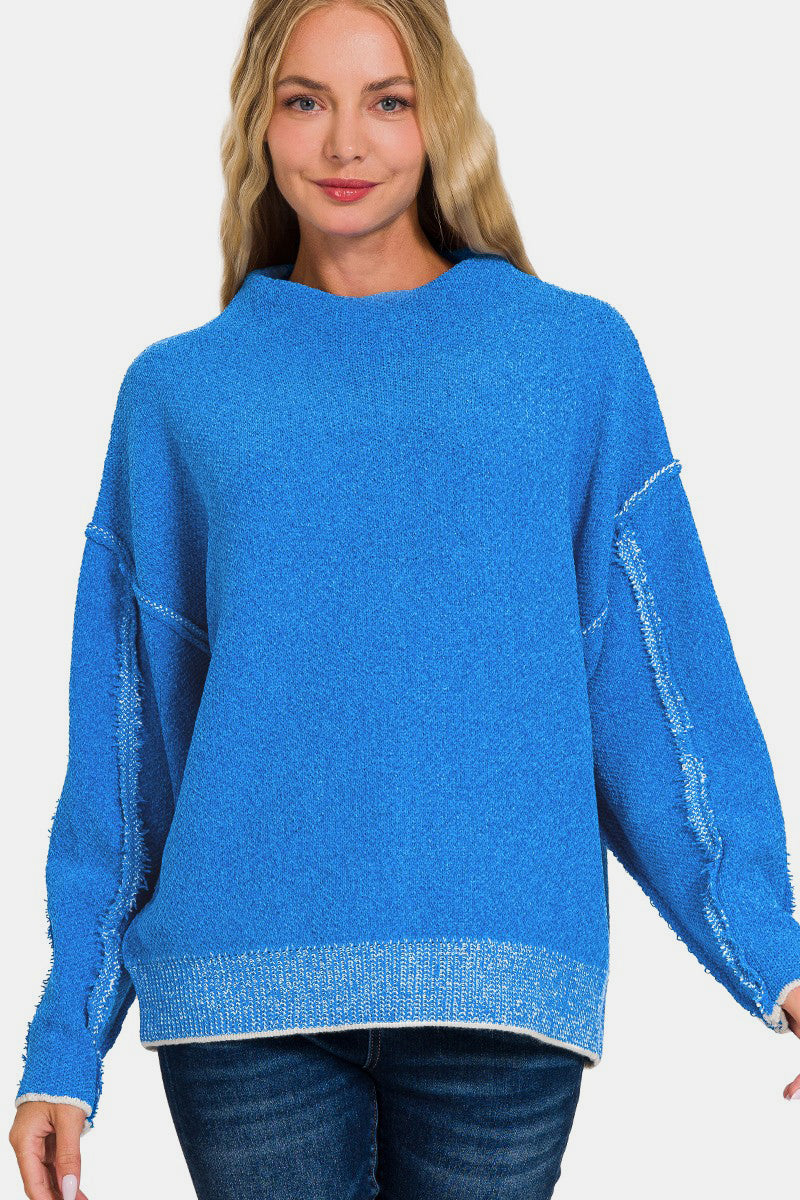 Blue Zone Planet | Zenana Exposed Seam Mock Neck Long Sleeve Sweater-TOPS / DRESSES-[Adult]-[Female]-Ocean Blue-S/M-2022 Online Blue Zone Planet