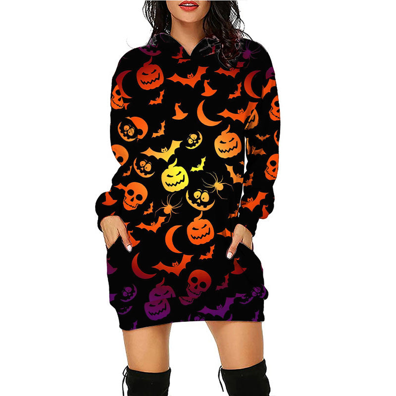 Blue Zone Planet | Women Halloween Pumpkin Print Hoodie Dress-TOPS / DRESSES-[Adult]-[Female]-Pattern8-S-2022 Online Blue Zone Planet