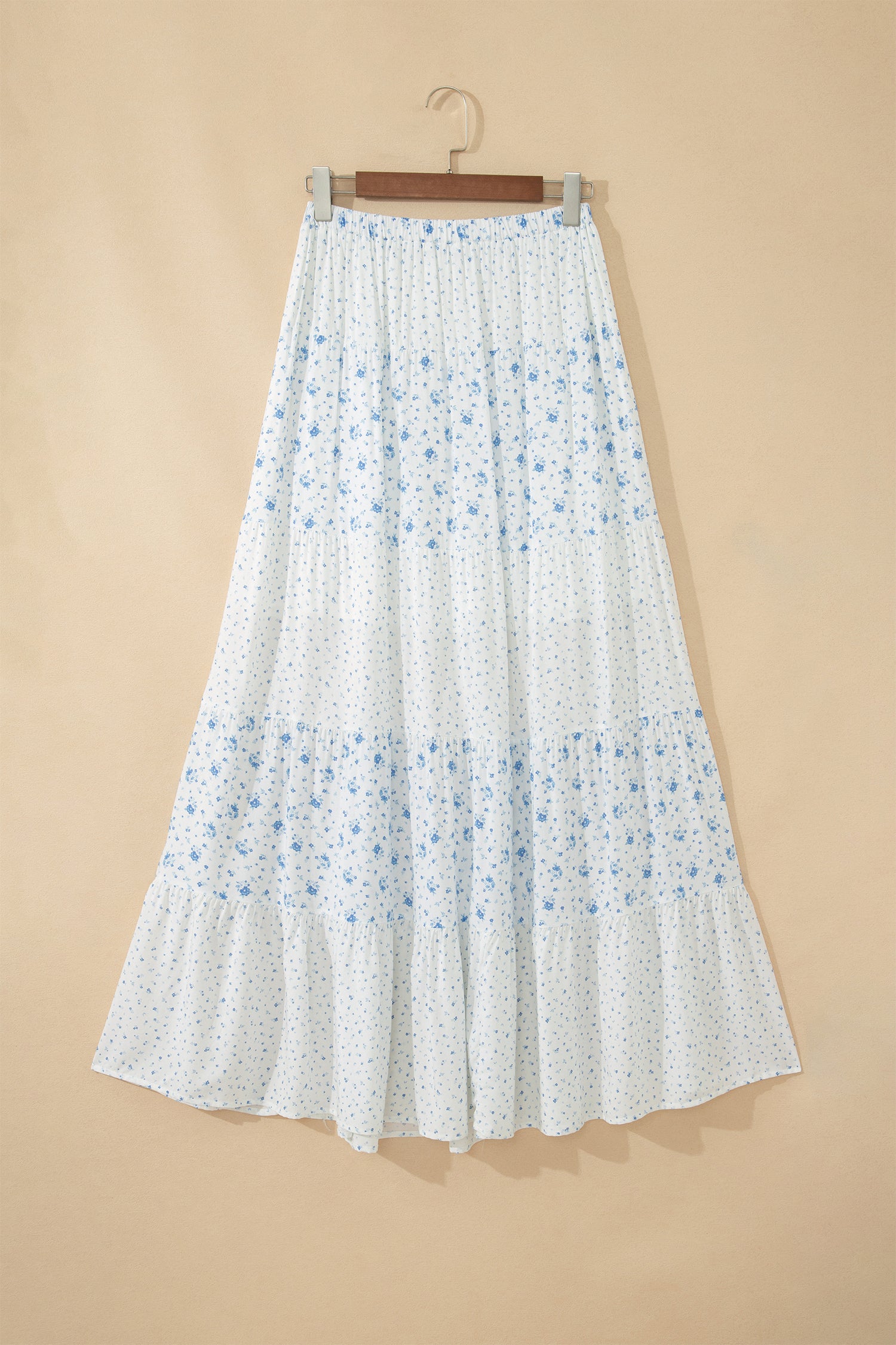 Sky Blue High Waist Tiny Floral Print Boho Maxi Skirt-Bottoms/Skirts & Petticoat-[Adult]-[Female]-2022 Online Blue Zone Planet