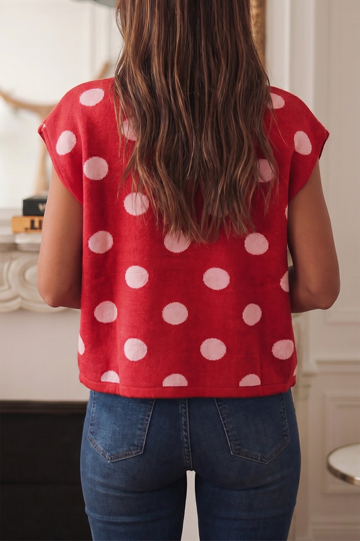 Red Polka Dot Sleeveless Knit Button Drop Shoulder Sweater Vest