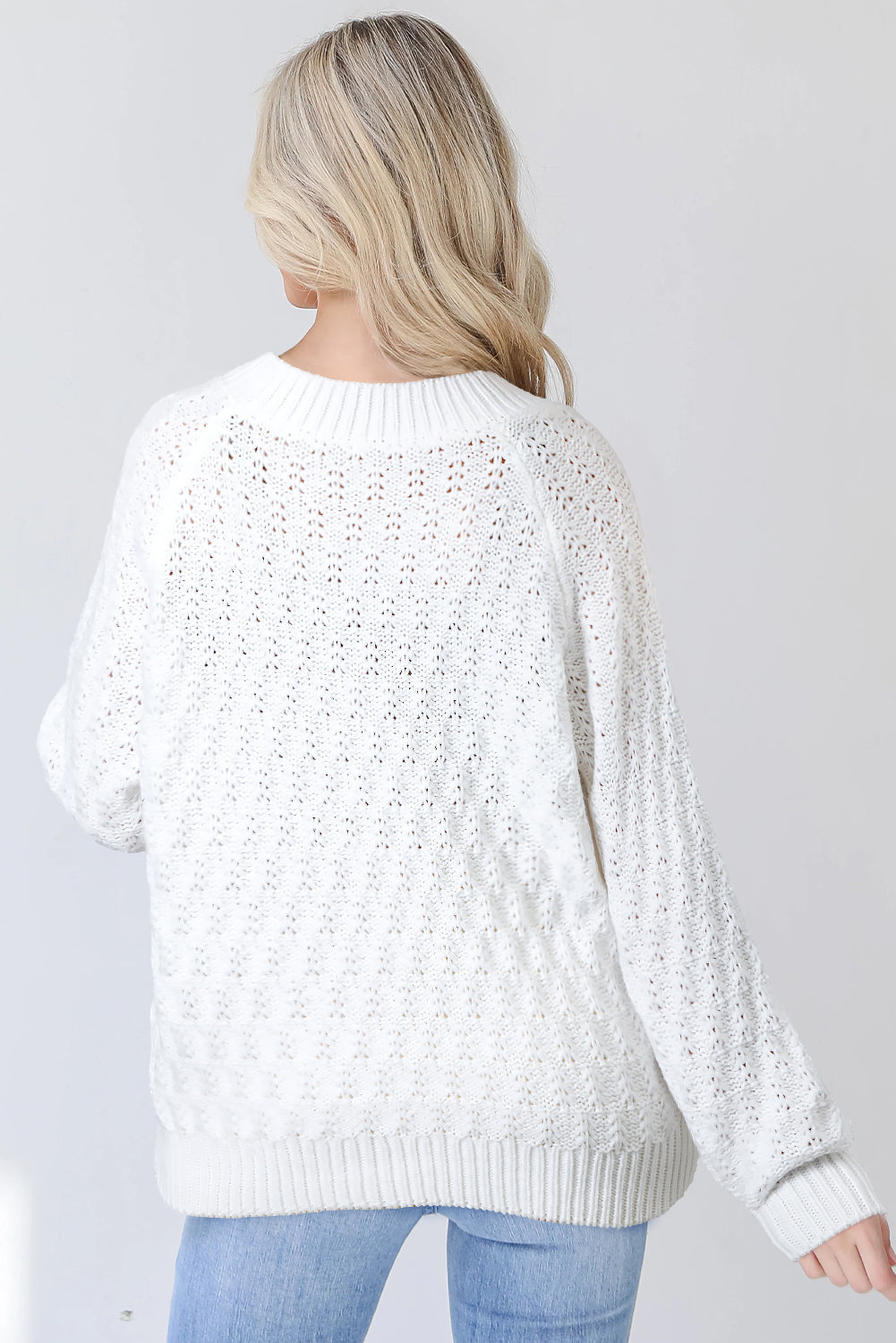 White Textured Knit Ribbed Edge V Neck Loose Sweater-TOPS / DRESSES-[Adult]-[Female]-2022 Online Blue Zone Planet