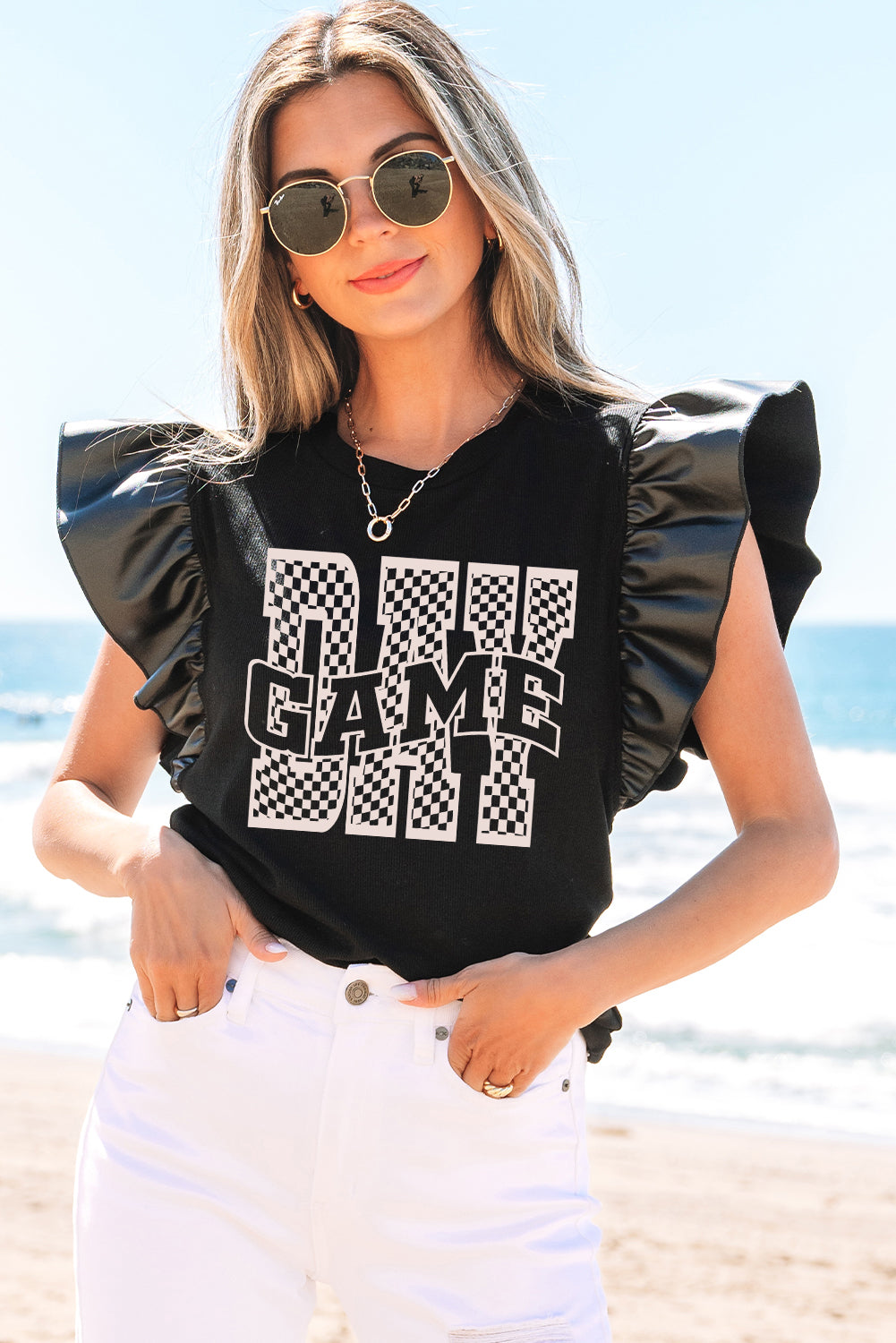 Black Game Day Checkered Letter Graphic Leatherette Ruffle Sleeve Top-Graphic/Graphic Tees-[Adult]-[Female]-2022 Online Blue Zone Planet