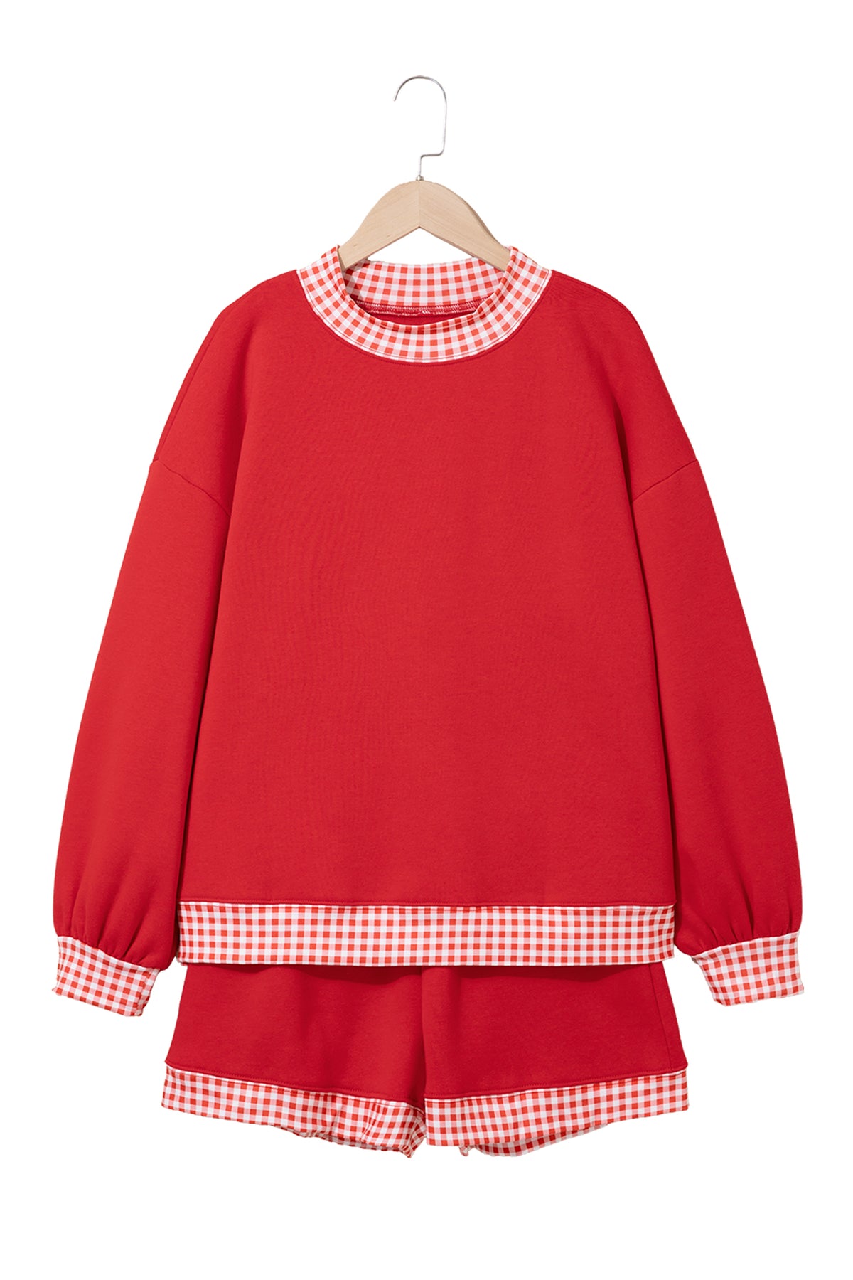 Fiery Red Gingham Trim Baggy Pullover 2pcs Short Set-Two Piece Sets/Short Sets-[Adult]-[Female]-2022 Online Blue Zone Planet
