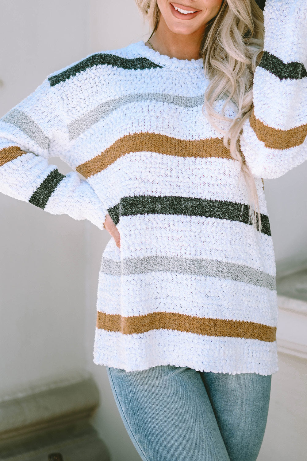 Striped Popcorn Knit Sweater-Sweaters & Cardigans/Sweaters-[Adult]-[Female]-2022 Online Blue Zone Planet