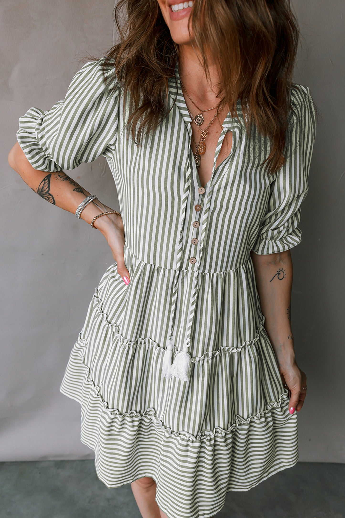 Green Stripe Tasseled Tie Neck Ruffled Short Sleeve Tiered Flattering Dress-TOPS / DRESSES-[Adult]-[Female]-Green Stripe-S-2022 Online Blue Zone Planet