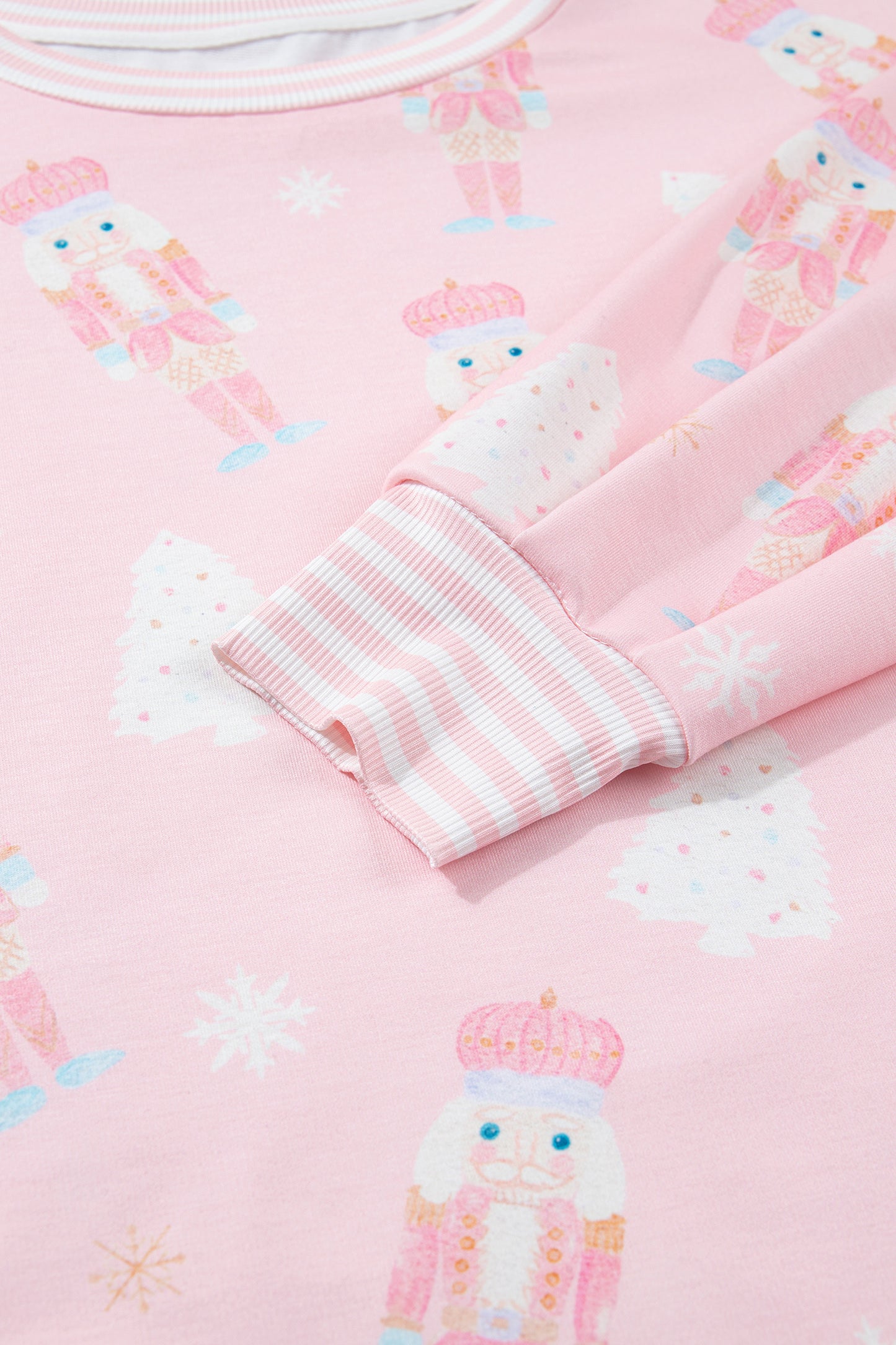 Pink Christmas Tree Nutcracker Doll Print Contrast Trim Long Sleeve Top Matching Shorts Set-Two Piece Sets/Short Sets-[Adult]-[Female]-2022 Online Blue Zone Planet