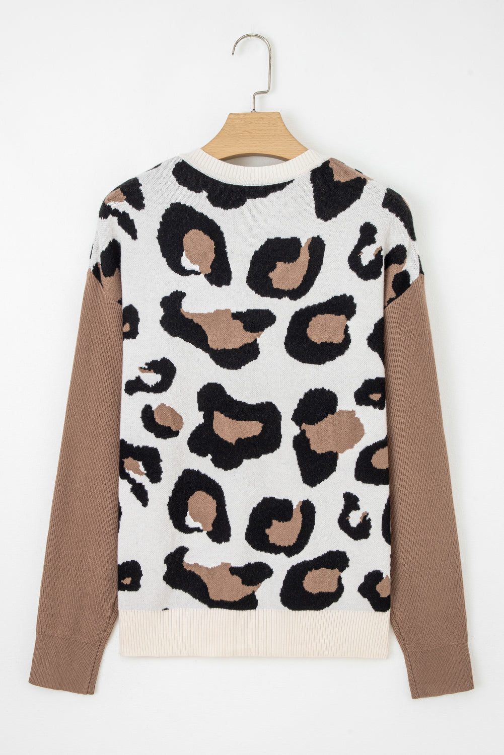 Jet Stream Leopard Print Color Block Patchwork Sleeve V Neck Sweater-Sweaters & Cardigans/Sweaters-[Adult]-[Female]-2022 Online Blue Zone Planet