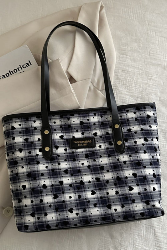 Heart Plaid PU Leather Strap Tote Bag-HANDBAGS-[Adult]-[Female]-Black-One Size-2022 Online Blue Zone Planet