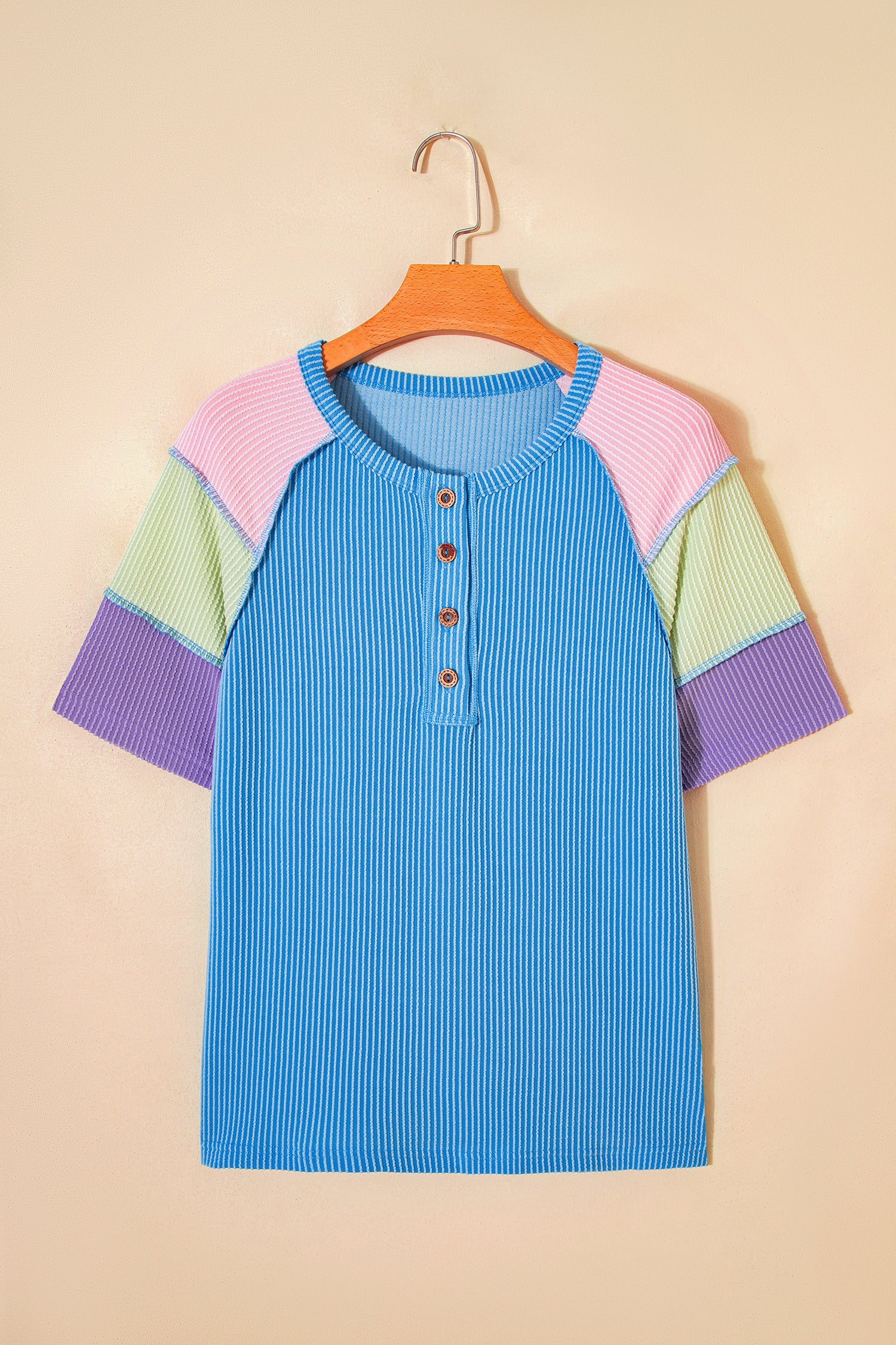 Blue Twisted Ribbed Color Block Patchwork Henley Short Sleeve T Shirt-Tops/Tops & Tees-[Adult]-[Female]-2022 Online Blue Zone Planet