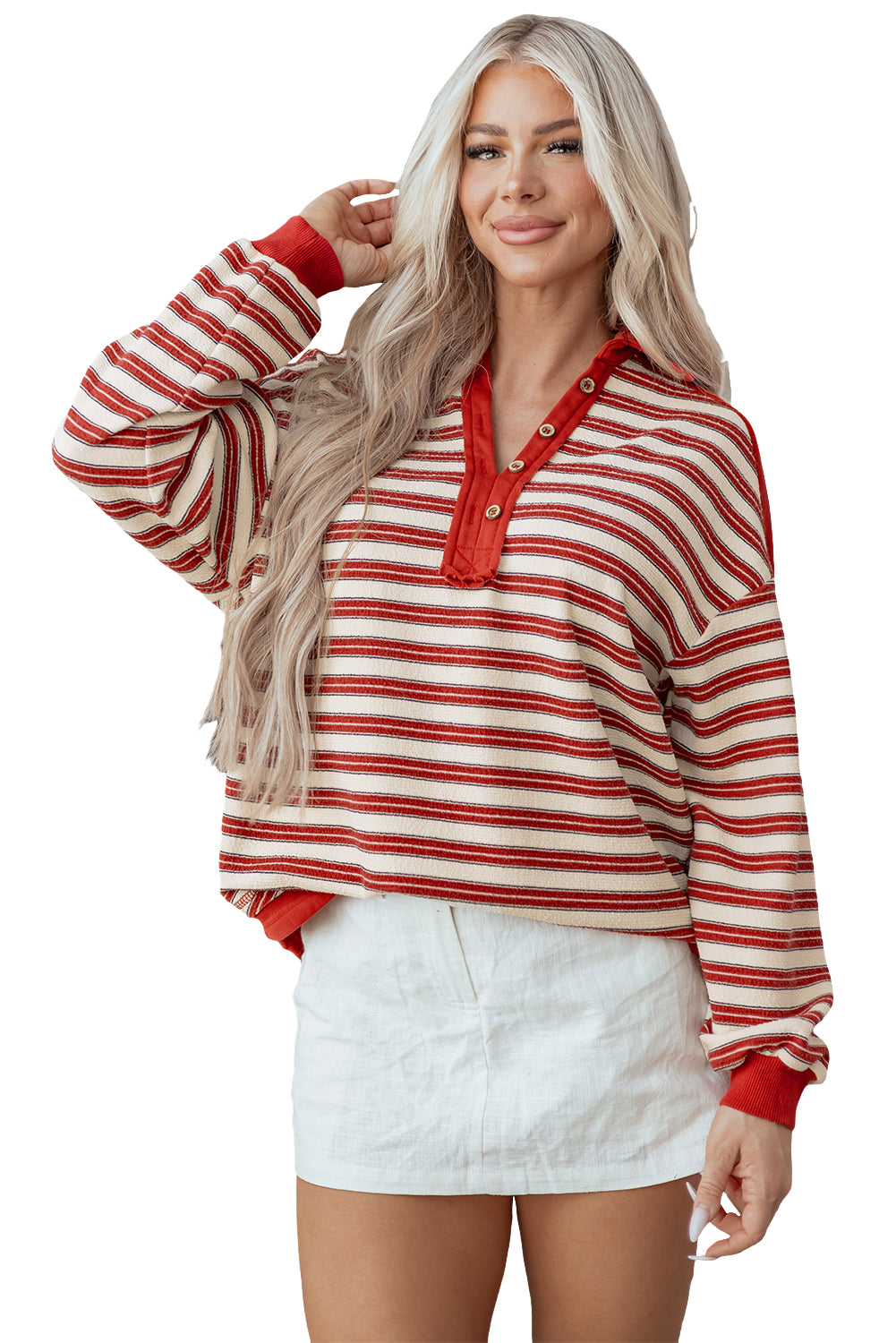 Blue Zone Planet | Pink Stripe Buttoned V Neck Collared Drop Shoulder Top-Tops/Long Sleeve Tops-[Adult]-[Female]-2022 Online Blue Zone Planet