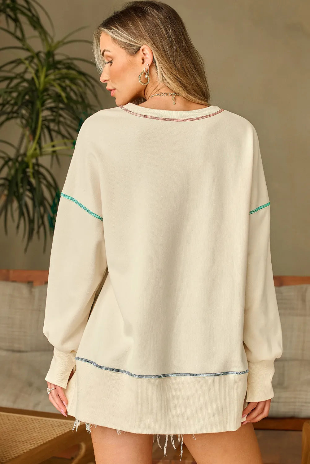 High-Low Contrast Stitching Round Neck Sweatshirt-TOPS / DRESSES-[Adult]-[Female]-2022 Online Blue Zone Planet