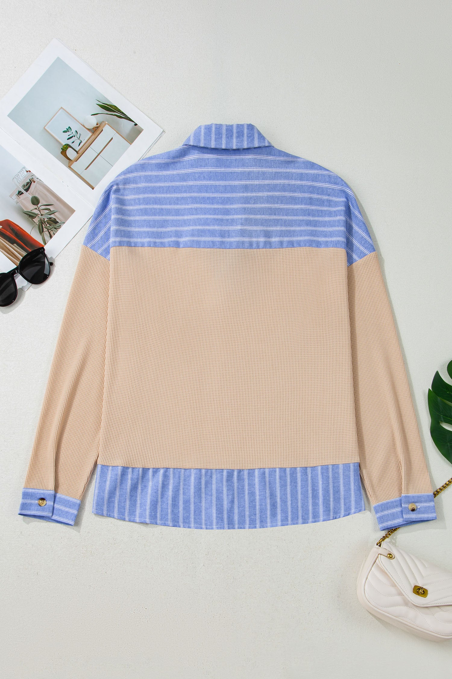 Parchment Plus Size Striped Contrast Trim Waffle Knit Collared Top-Plus Size/Plus Size Tops/Plus Size Long Sleeve Tops-[Adult]-[Female]-2022 Online Blue Zone Planet