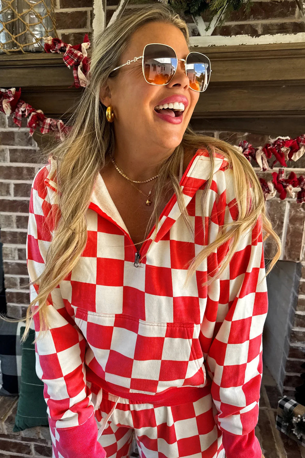 Red Checkered Print Half Zip Hoodie Loose Pant Set-Tops / Dresses-[Adult]-[Female]-2022 Online Blue Zone Planet