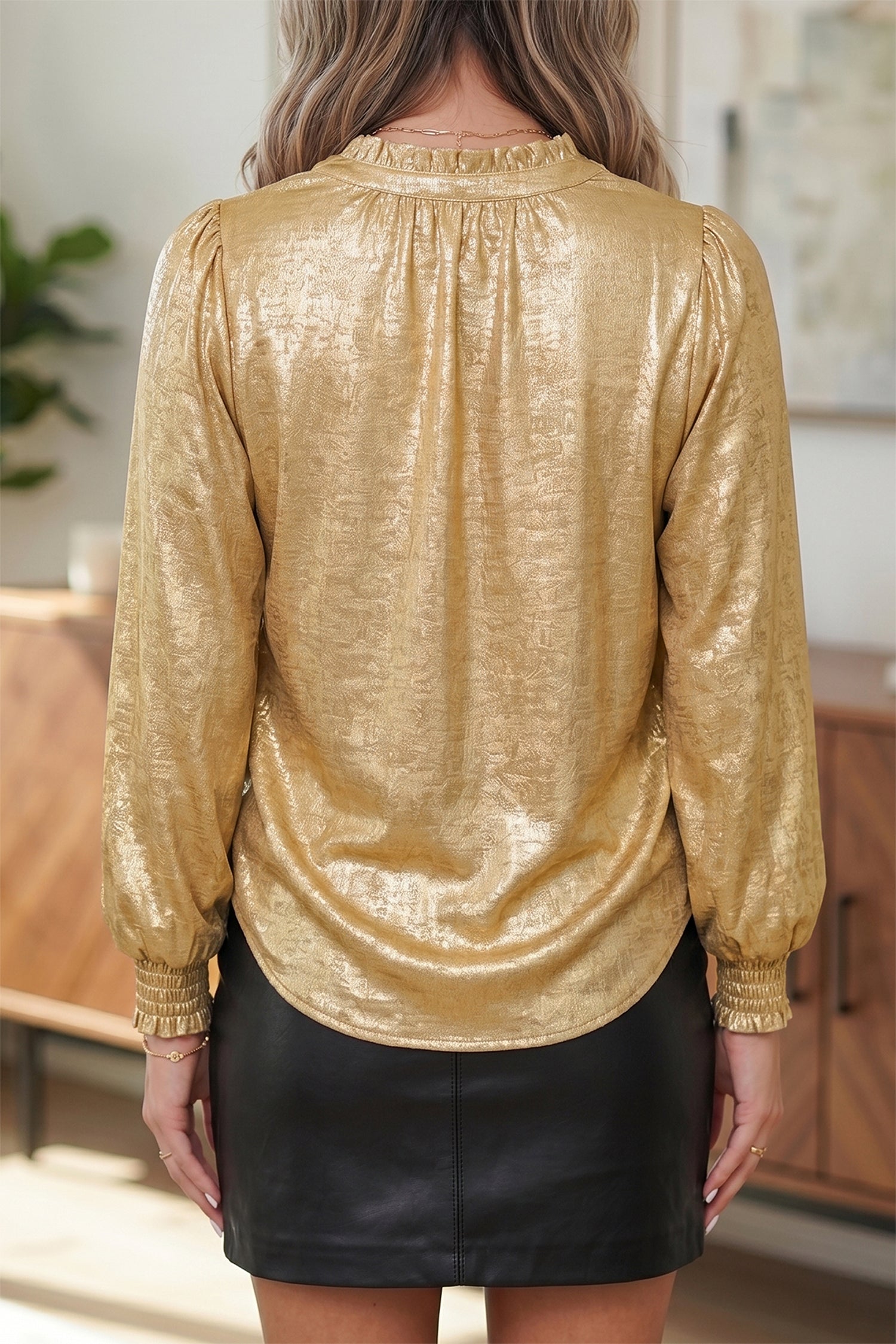 Gold Metallic Sheen V Neck Gathered Cuff Long Sleeve Blouse-Tops/Blouses & Shirts-[Adult]-[Female]-2022 Online Blue Zone Planet