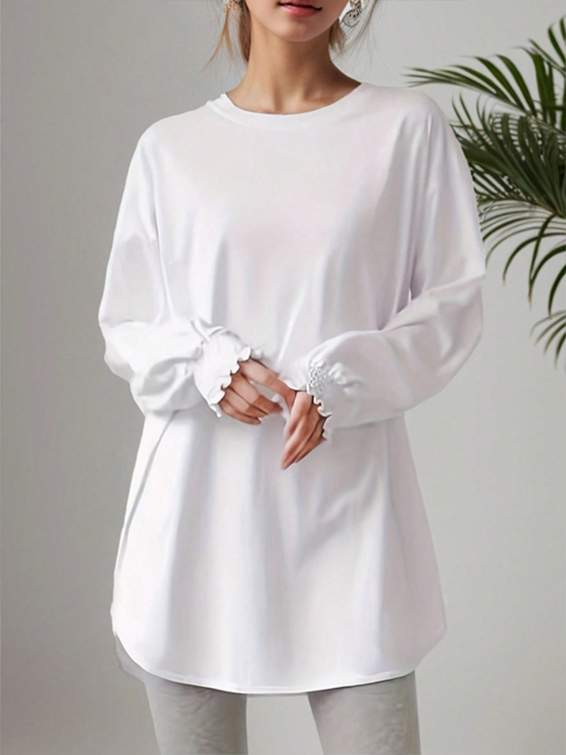 Smocked Cuff Round Neck Long Sleeve T-Shirt-TOPS / DRESSES-[Adult]-[Female]-White-S-2022 Online Blue Zone Planet