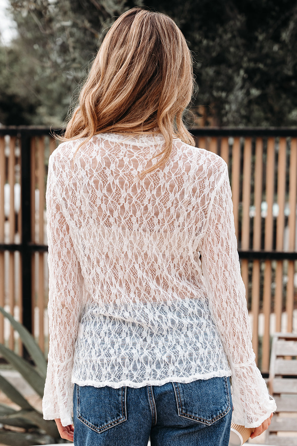 White Sheer Lace Bell Sleeve Mock Neck Blouse-Tops/Blouses & Shirts-[Adult]-[Female]-2022 Online Blue Zone Planet