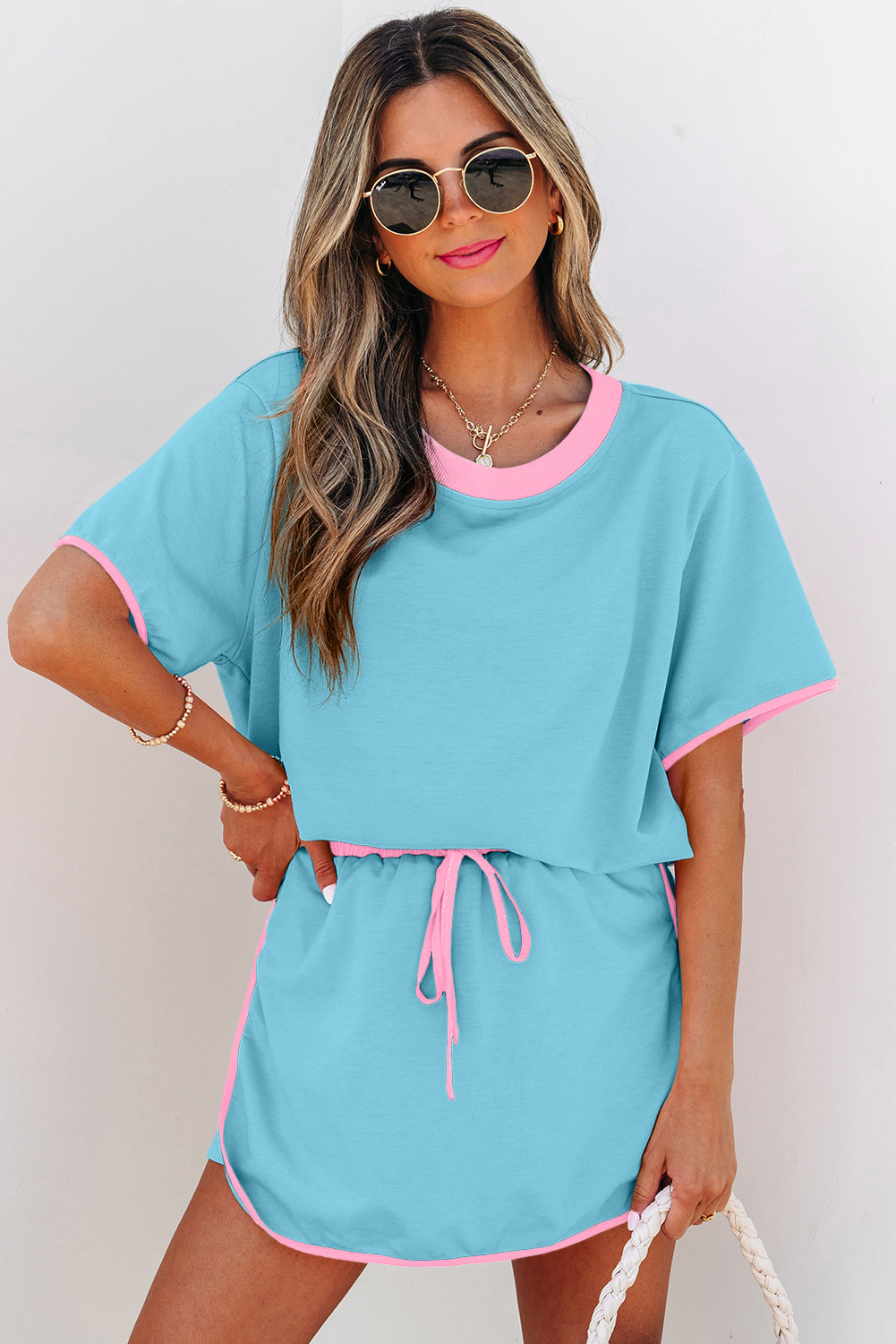 Turquoise Colorblock Edge Drop Shoulder T Shirt and Skirt 2Pcs Set-Two Piece Sets/Two Piece Dresses-[Adult]-[Female]-2022 Online Blue Zone Planet