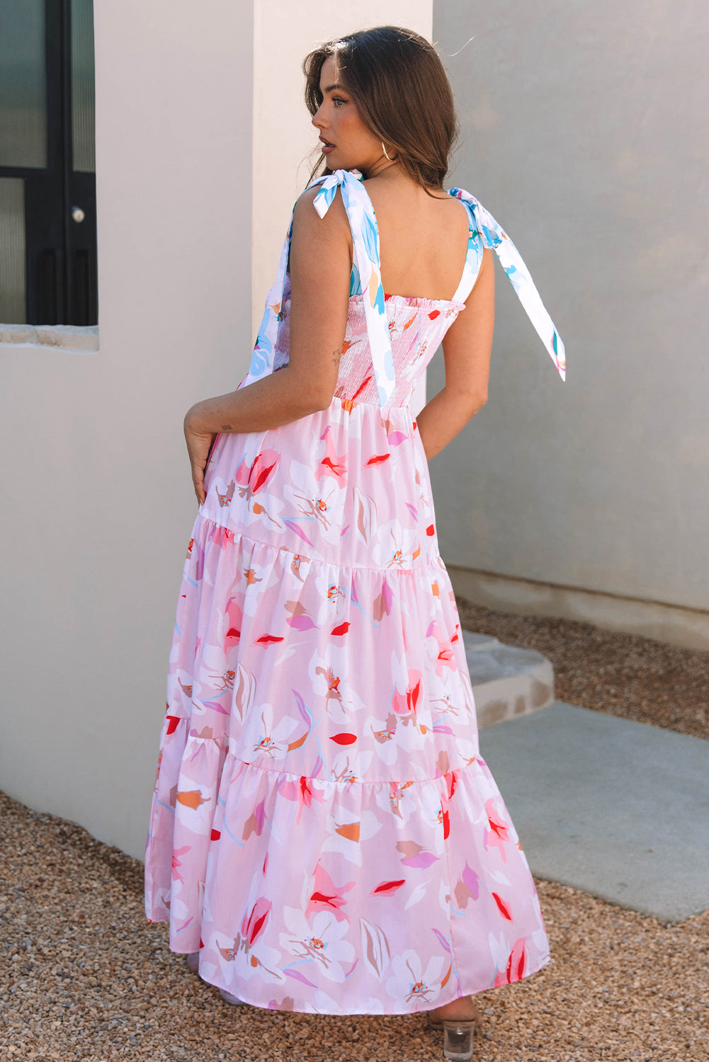 Pink Floral Print Knotted Shoulder Smocked Maxi Dress-TOPS / DRESSES-[Adult]-[Female]-2022 Online Blue Zone Planet
