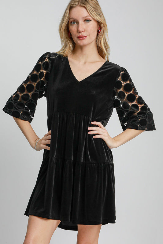 Umgee Dotted Lace Sleeve Tiered Velvet Mini Dress-TOPS / DRESSES-[Adult]-[Female]-Black-S-2022 Online Blue Zone Planet