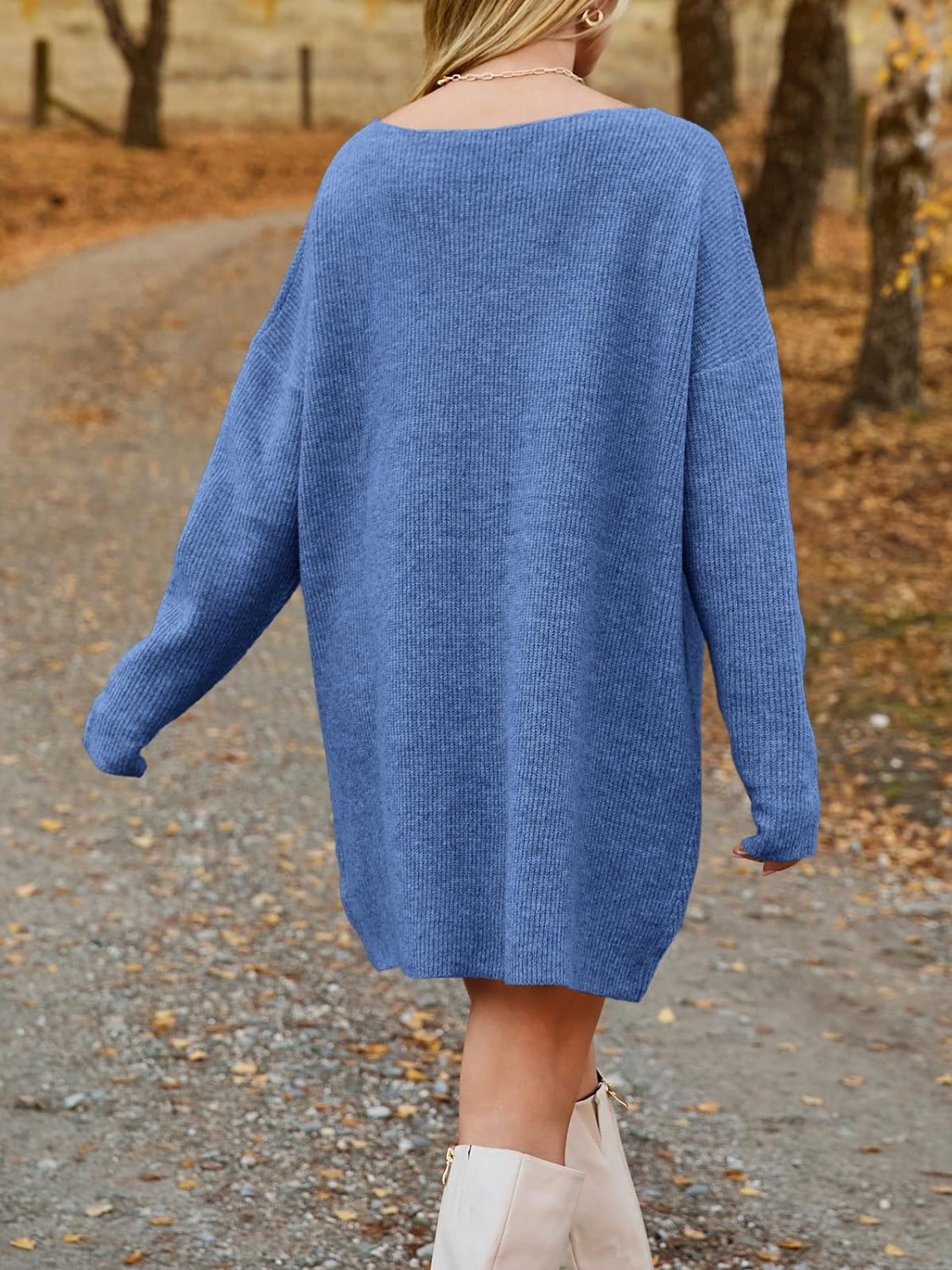 V-Neck Dropped Shoulder Sweater Dress-TOPS / DRESSES-[Adult]-[Female]-2022 Online Blue Zone Planet