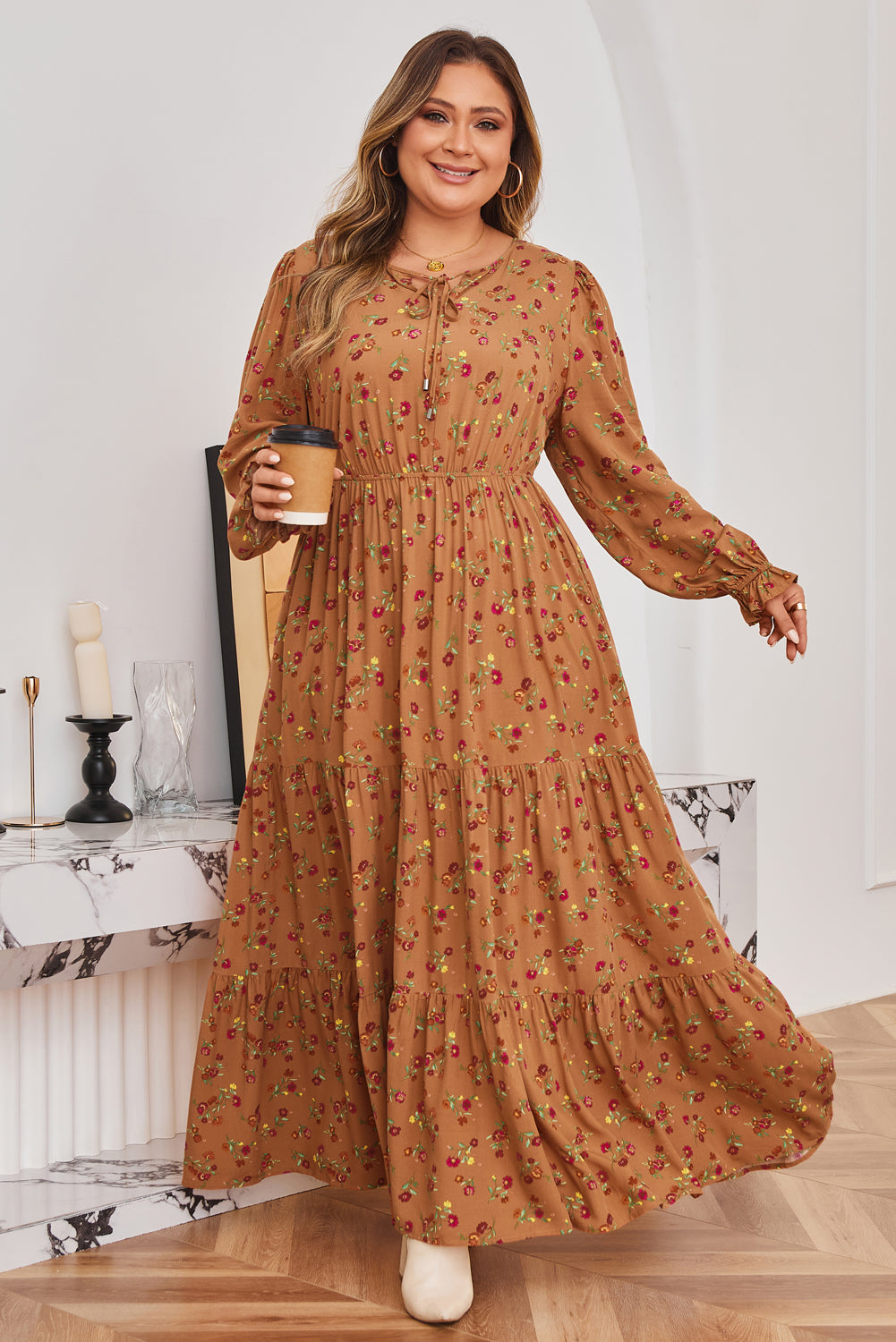 Brown Plus Size Floral Split V Neck Ruffled Sleeve Tiered Maxi Dress-TOPS / DRESSES-[Adult]-[Female]-2022 Online Blue Zone Planet
