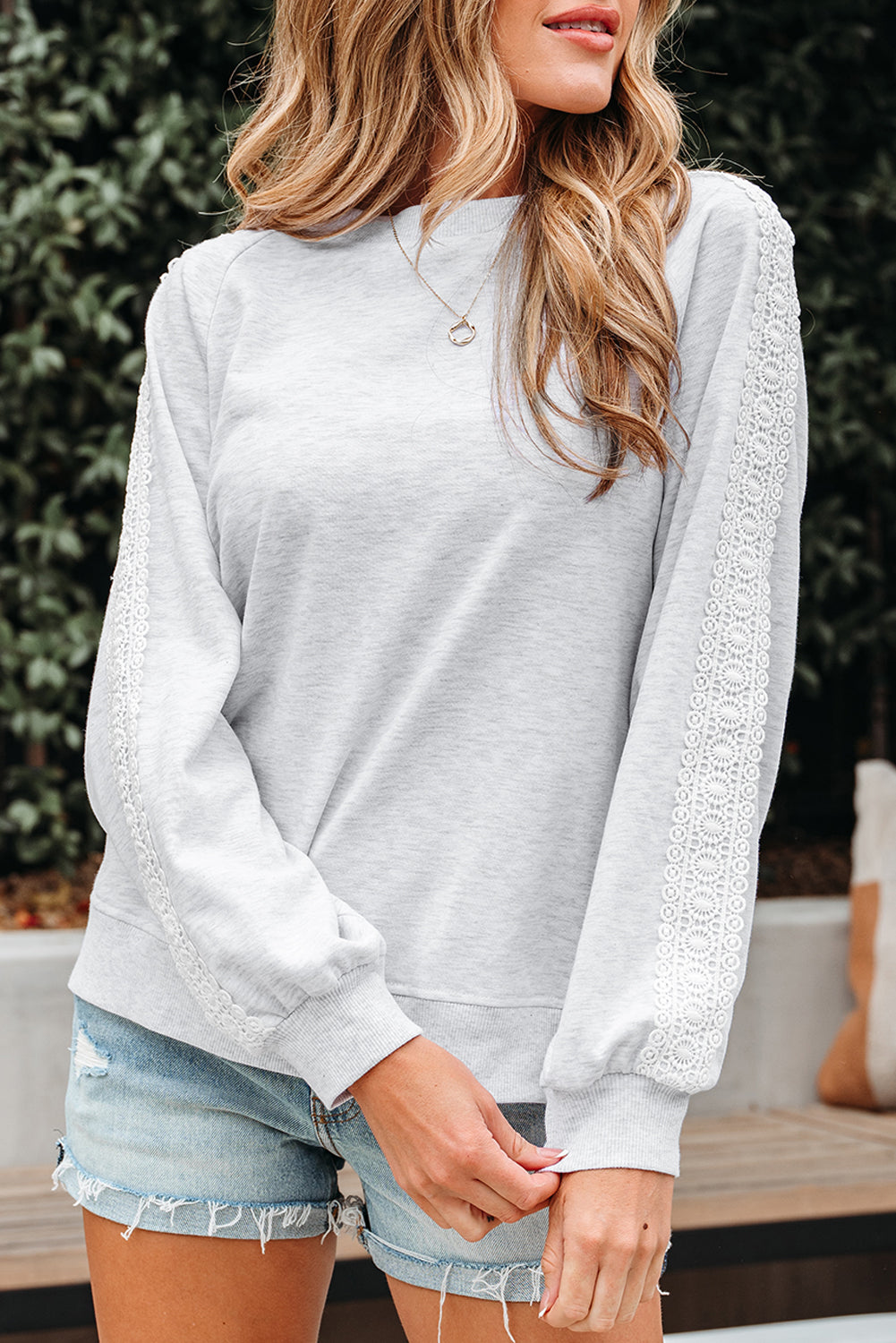 Light Grey Lace Patchwork Raglan Sleeve Crew Neck Sweatshirt-Tops/Sweatshirts & Hoodies-[Adult]-[Female]-2022 Online Blue Zone Planet