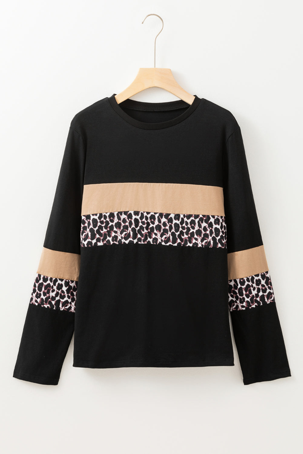 Rose Leopard Colorblock Patchwork Crew Neck Long Sleeve Tee-Tops/Long Sleeve Tops-[Adult]-[Female]-2022 Online Blue Zone Planet