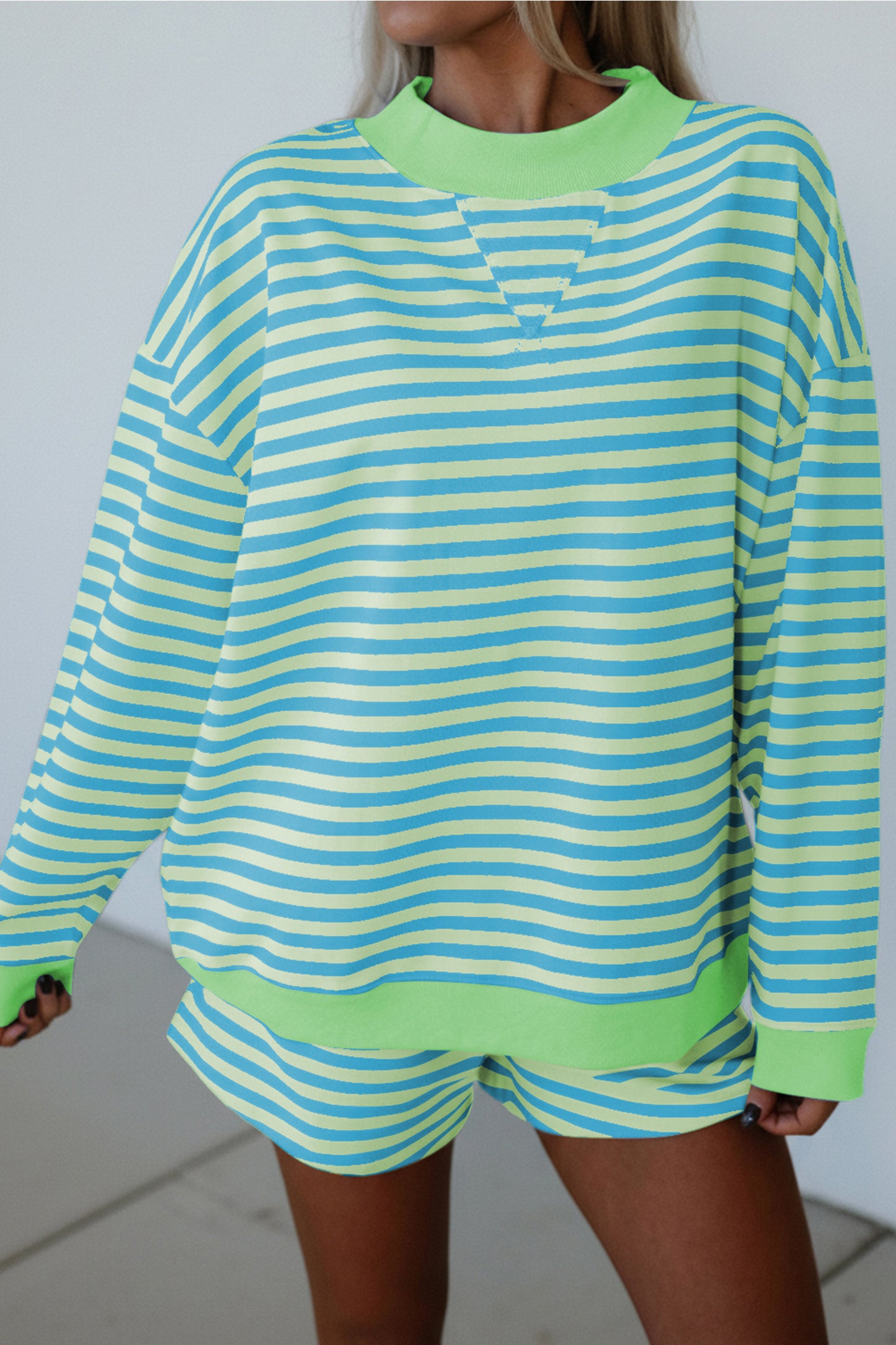 Pink Stripe Color Block Detail Long Sleeve Pullover Elastic Waist Pull On Shorts 2pcs Set-Two Piece Sets/Short Sets-[Adult]-[Female]-Green Stripe-S-2022 Online Blue Zone Planet