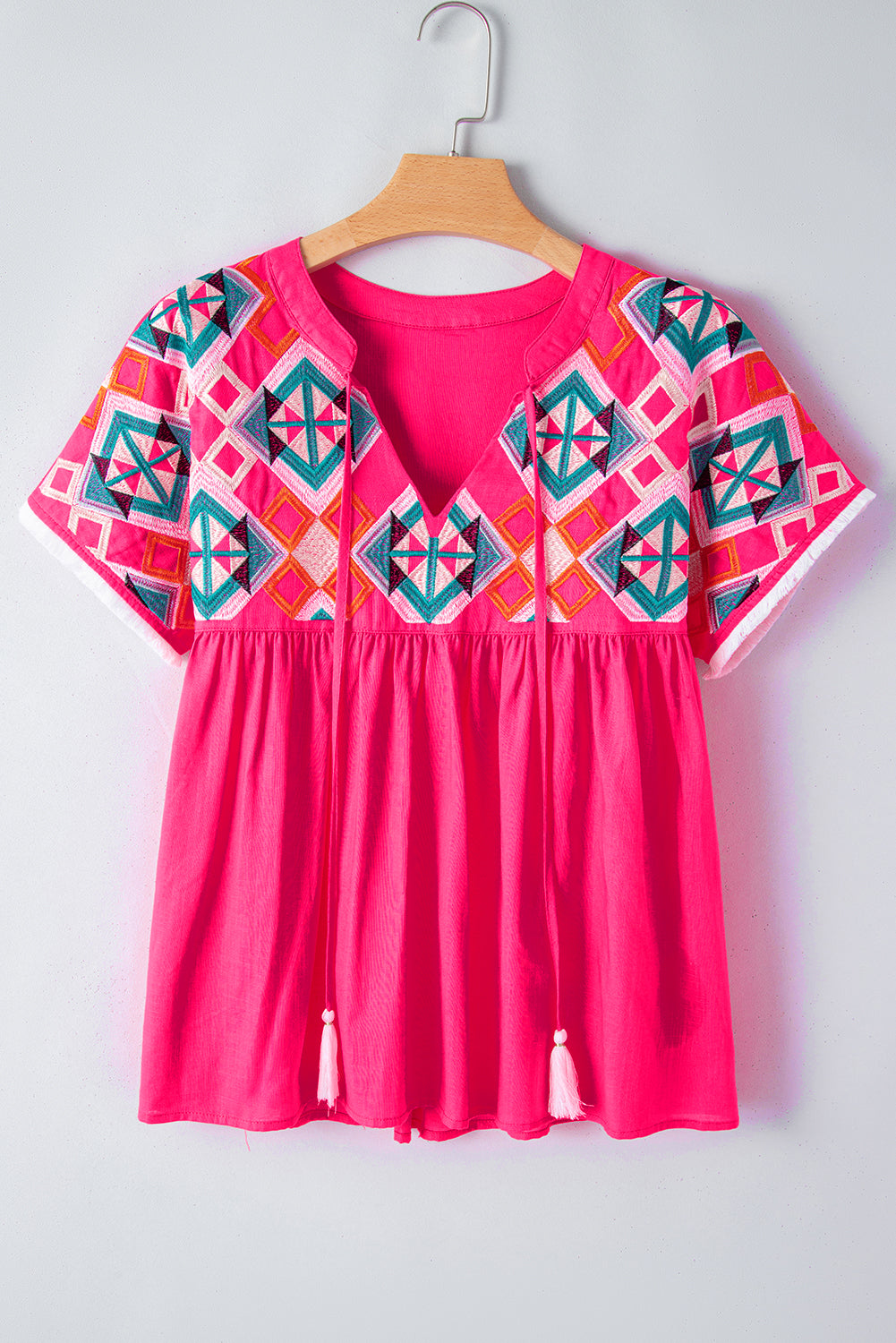 Strawberry Pink Geometric Embroidered Tassel Tie V Neck Blouse-Tops/Blouses & Shirts-[Adult]-[Female]-2022 Online Blue Zone Planet