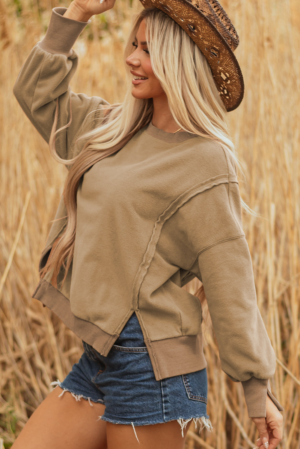 Dark Khaki Fuzzy Sherpa Splicing Pullover Sweatshirt With Side Slit-Tops/Sweatshirts & Hoodies-[Adult]-[Female]-2022 Online Blue Zone Planet
