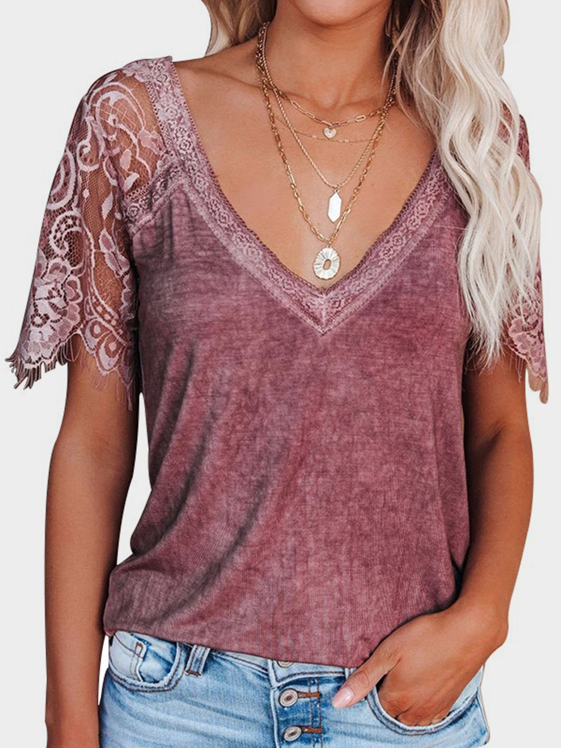 Lace Patchwork V-Neck Short Sleeve T-Shirt-TOPS / DRESSES-[Adult]-[Female]-Moonlit Mauve-S-2022 Online Blue Zone Planet