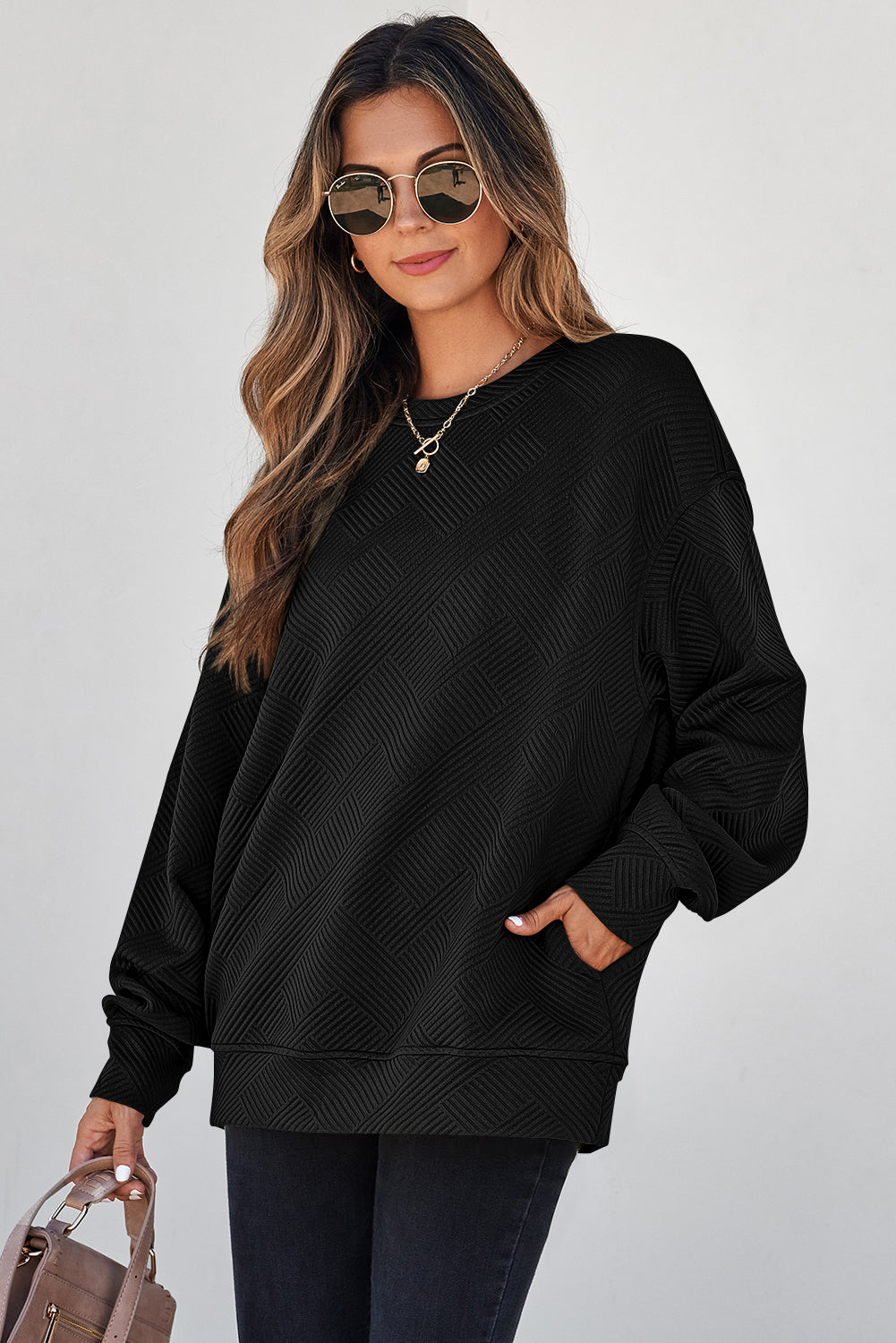 White Solid Color Textured Round Neck Drop Shoulder Pullover Sweatshirt