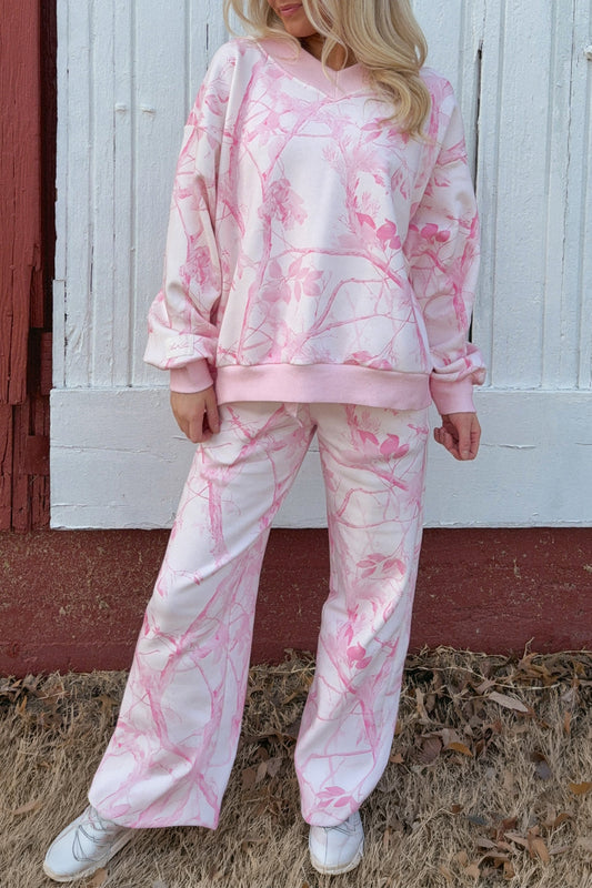 Pink Abstract Plant Print Long Sleeve V Neck Pant Set-Two Piece Sets/Pant Sets-[Adult]-[Female]-Pink-S-2022 Online Blue Zone Planet