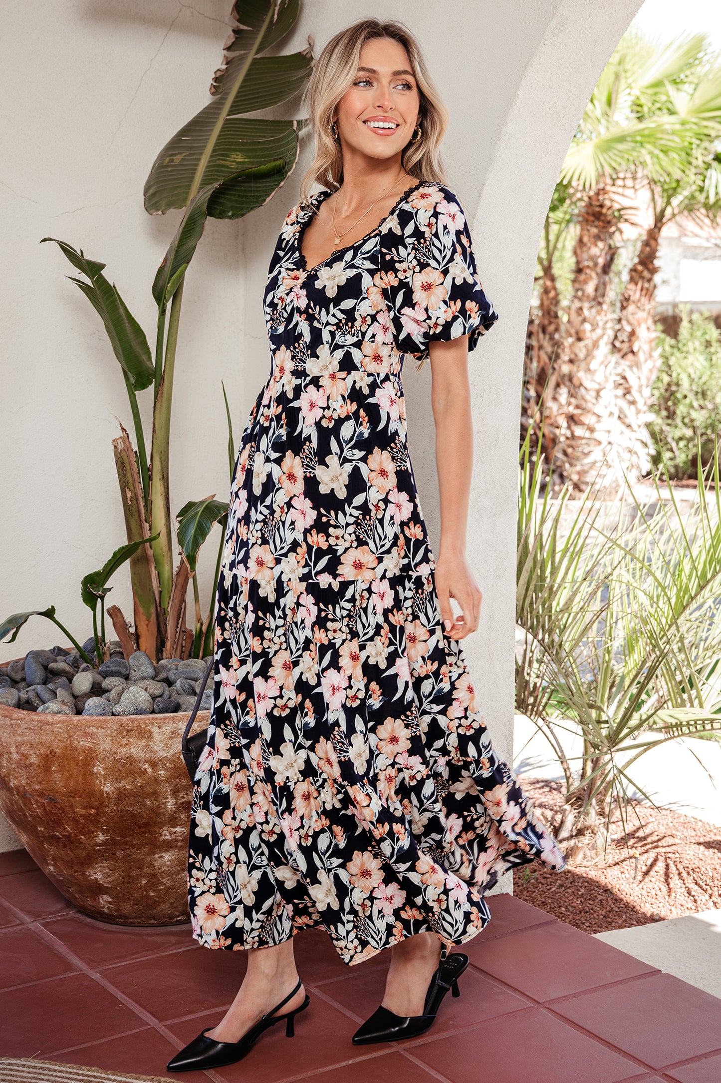 Blue Short Sleeve Smocked Detail High Waist Floral Maxi Dress-TOPS / DRESSES-[Adult]-[Female]-2022 Online Blue Zone Planet