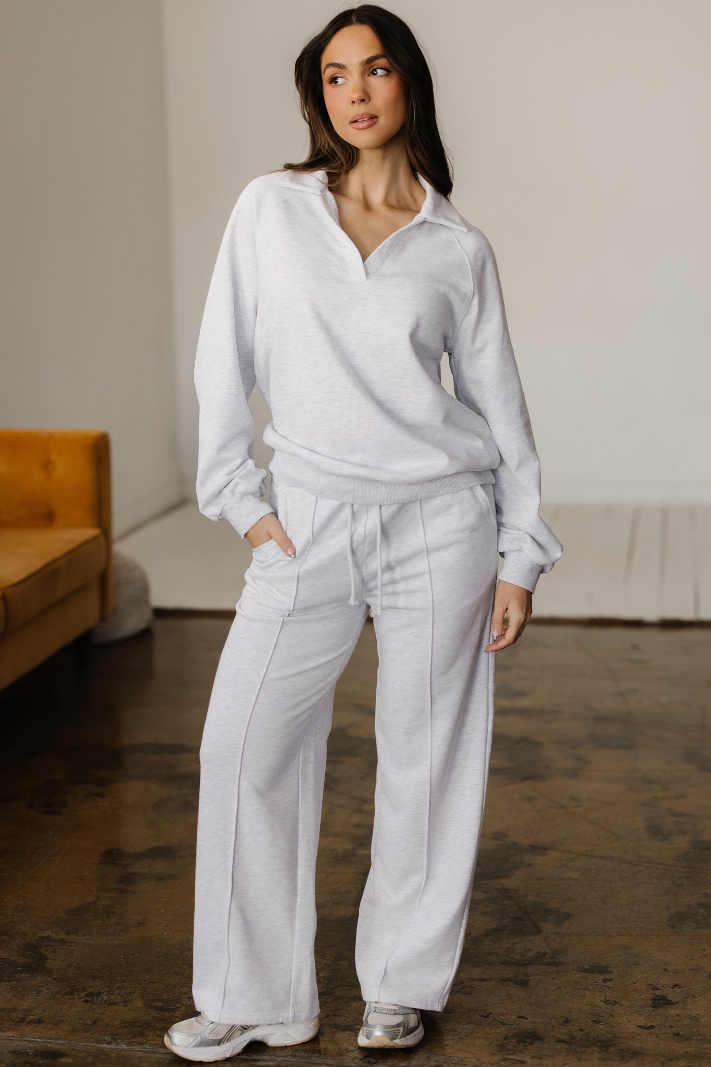 Dark Khaki Polo Collar V Neck Pullover and Drawstring Sweatpants Set-Two Piece Sets/Pant Sets-[Adult]-[Female]-2022 Online Blue Zone Planet
