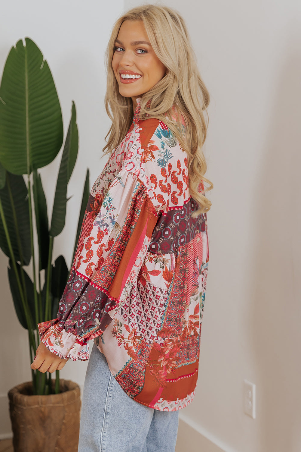 Blue Zone Planet | Red Boho Geometric Mixed Print Patchwork Bubble Sleeve Shirt-Tops/Blouses & Shirts-[Adult]-[Female]-2022 Online Blue Zone Planet
