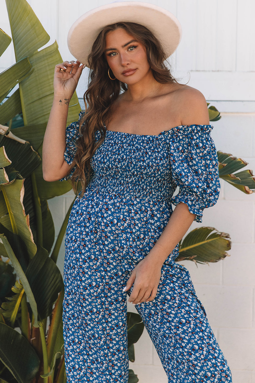 Blue Vintage Boho Floral Smocked Short Puff Sleeve Wide Leg Jumpsuit-Bottoms/Jumpsuits & Rompers-[Adult]-[Female]-2022 Online Blue Zone Planet
